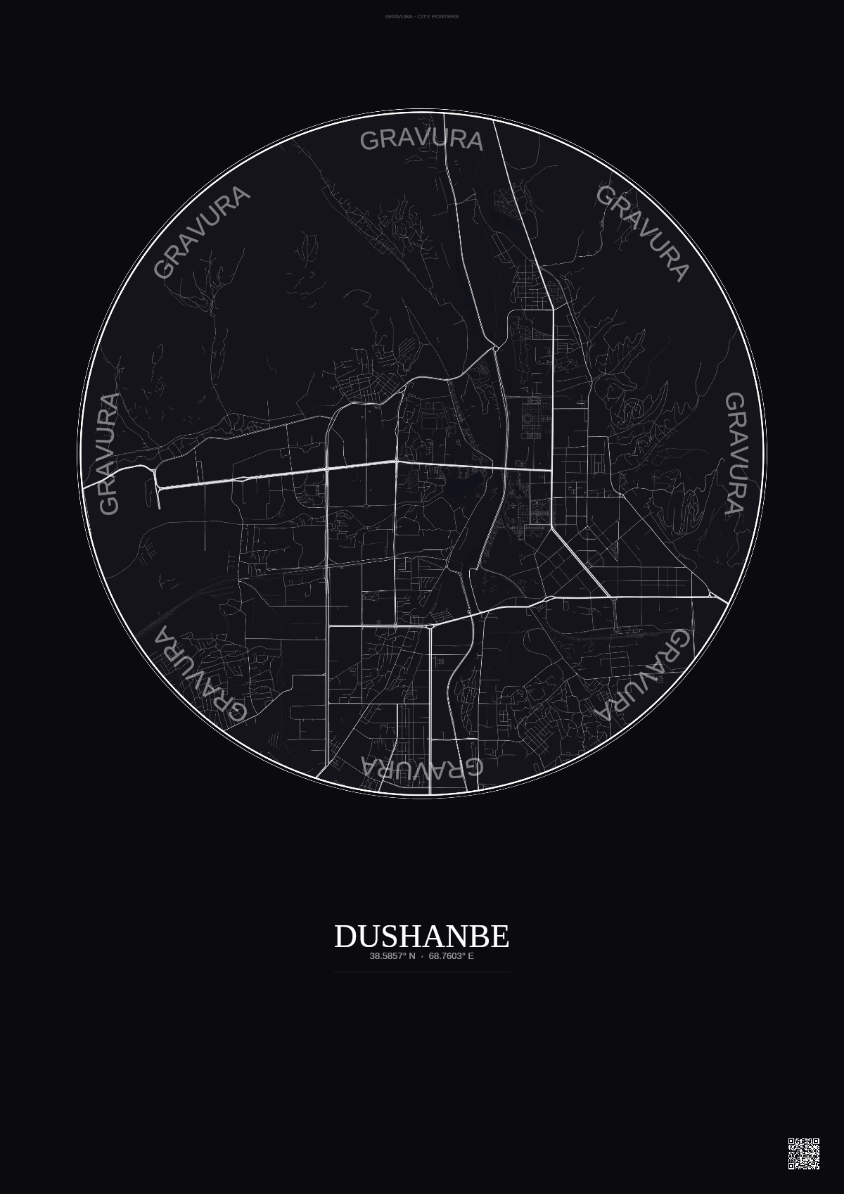 Affiche Dushanbe – Poster carte de ville | Gravura – Fond foncé
