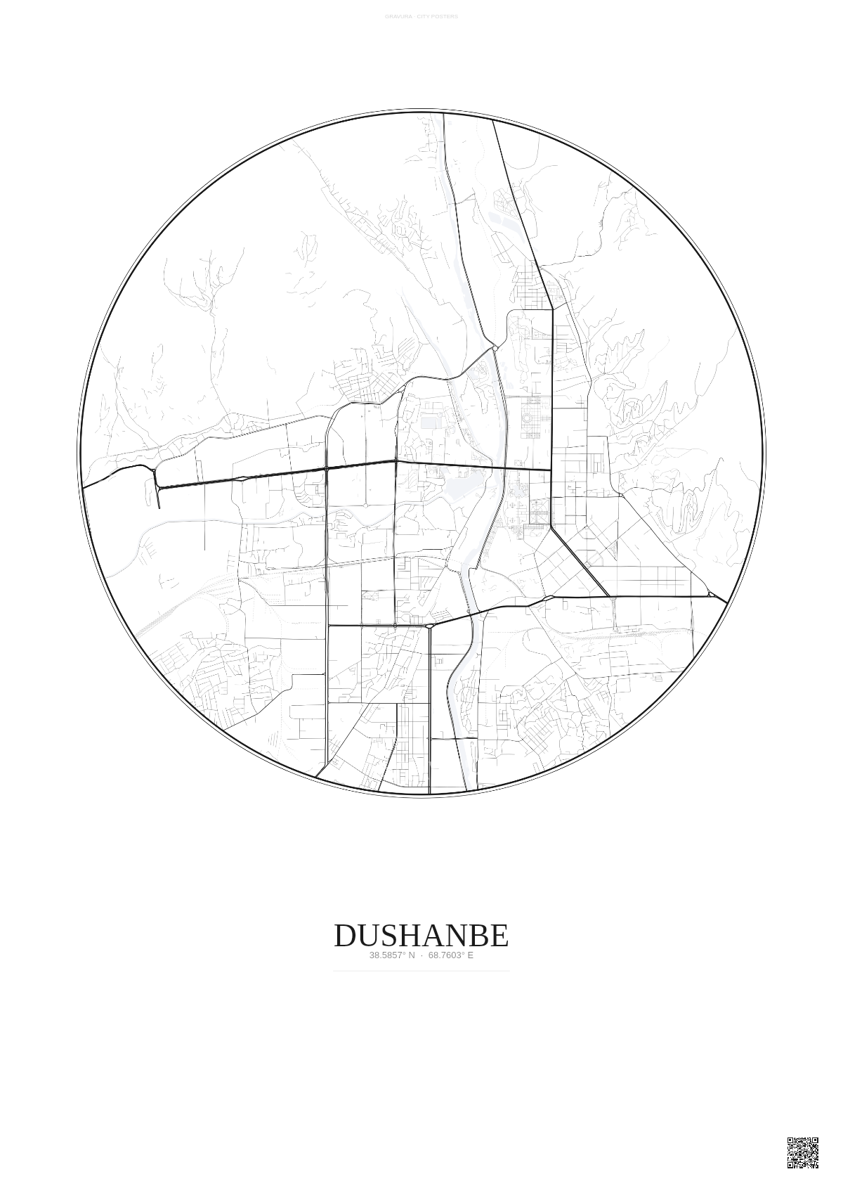 Affiche Dushanbe – Poster carte de ville | Gravura – Fond clair