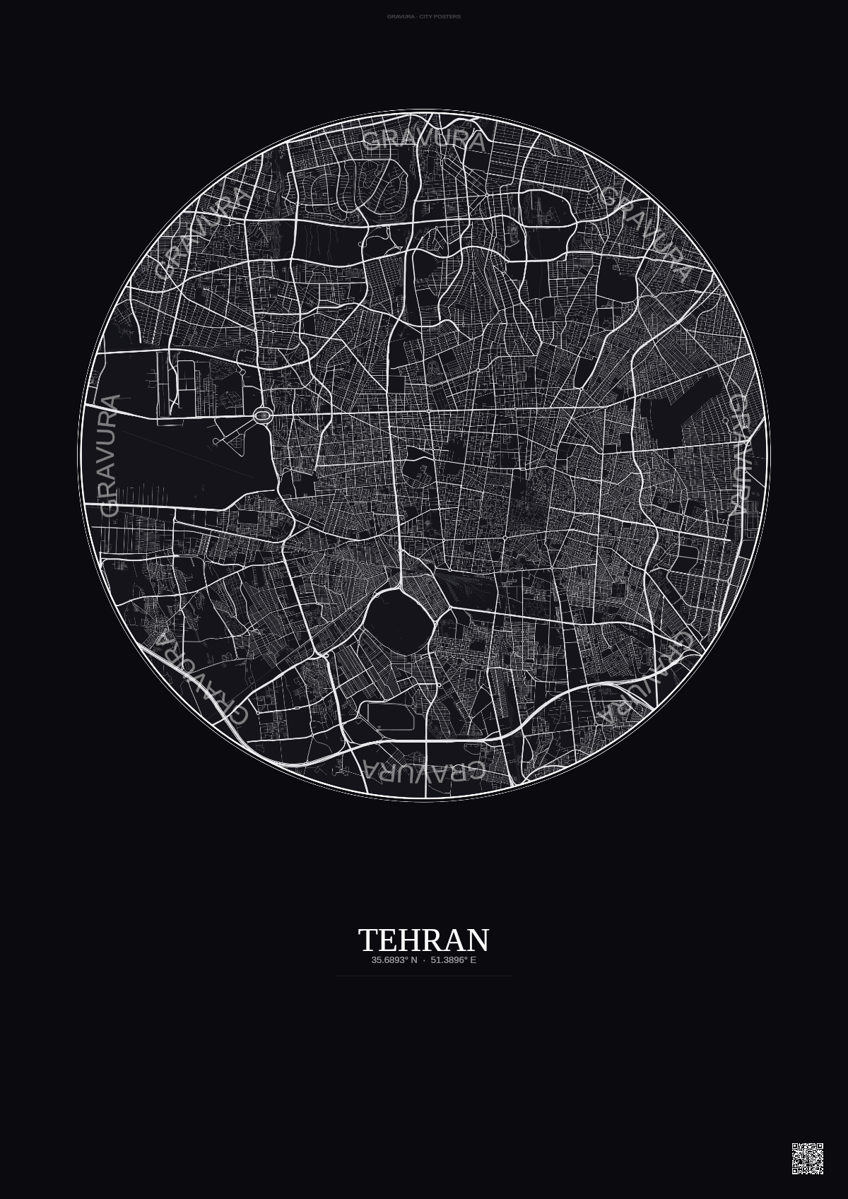 Affiche Tehran – Poster carte de ville | Gravura – Fond foncé