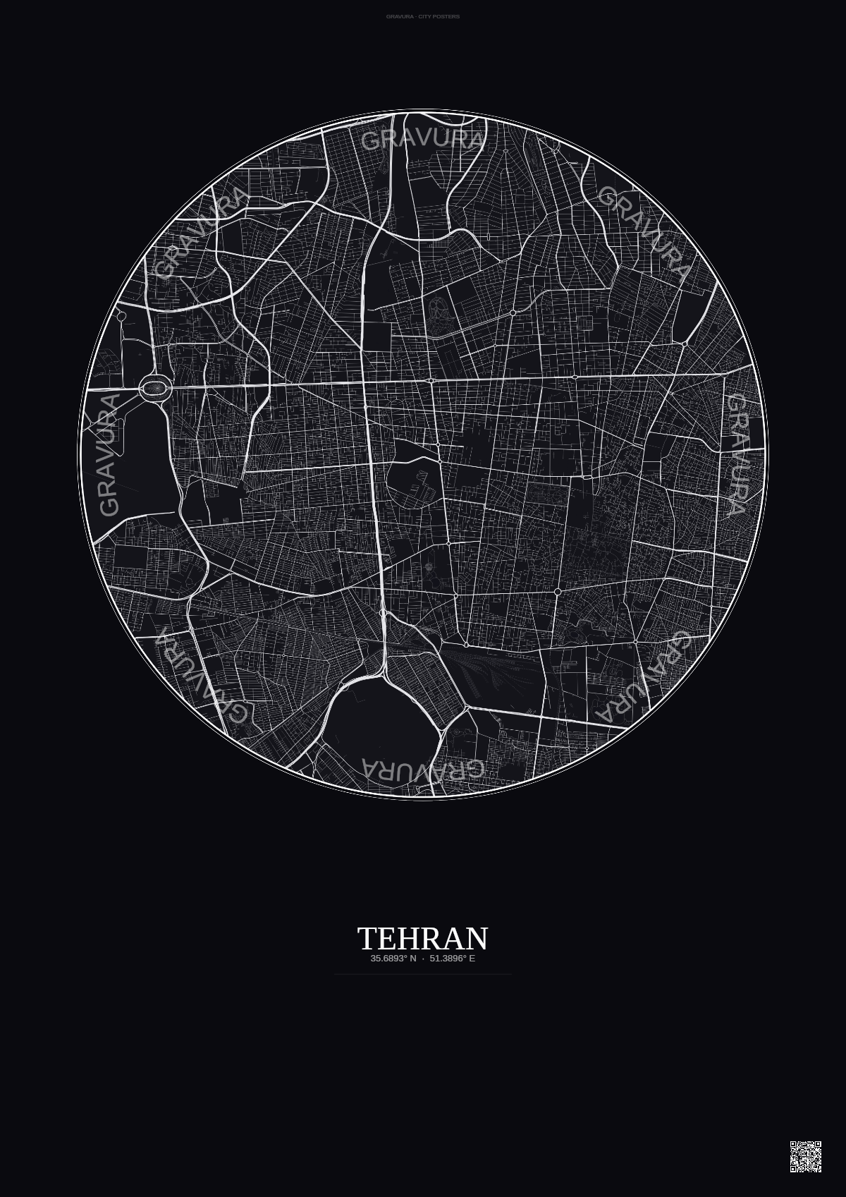 Affiche Tehran – Poster carte de ville | Gravura – Fond foncé