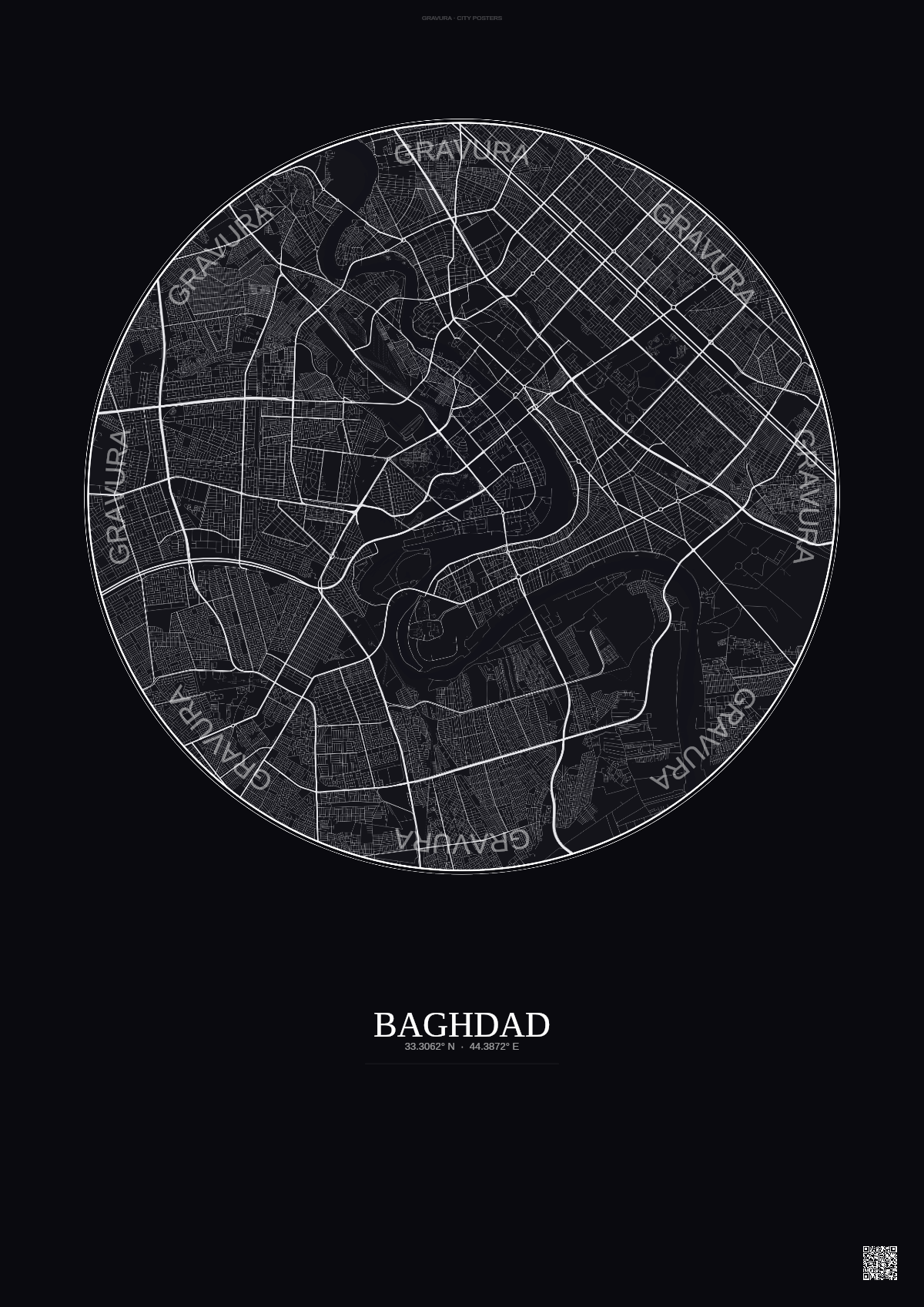 Affiche Baghdad – Poster carte de ville | Gravura – Fond foncé