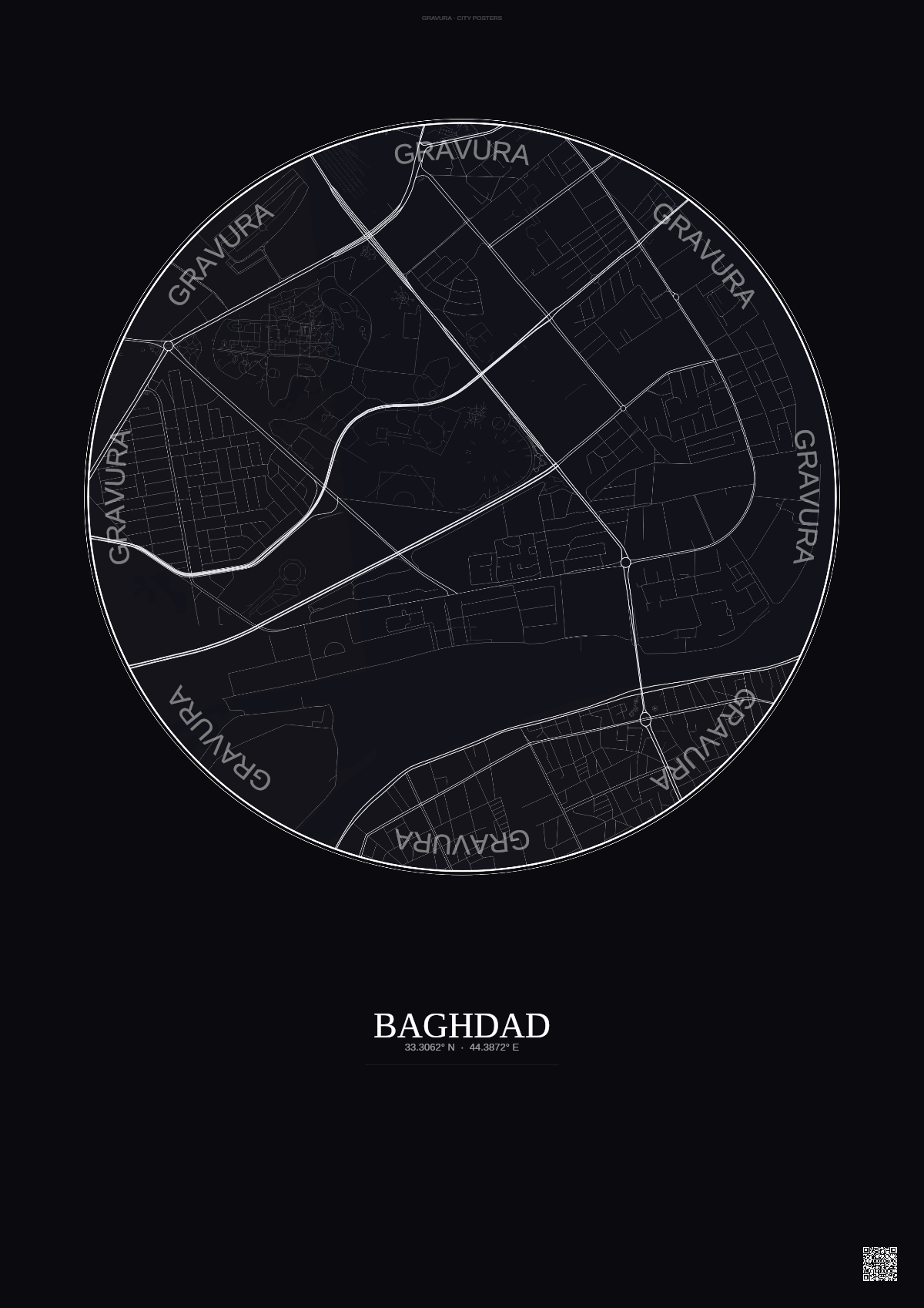 Affiche Baghdad – Poster carte de ville | Gravura – Fond foncé