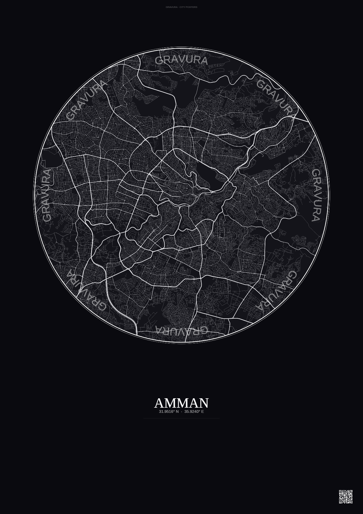 Affiche Amman – Poster carte de ville | Gravura – Fond foncé