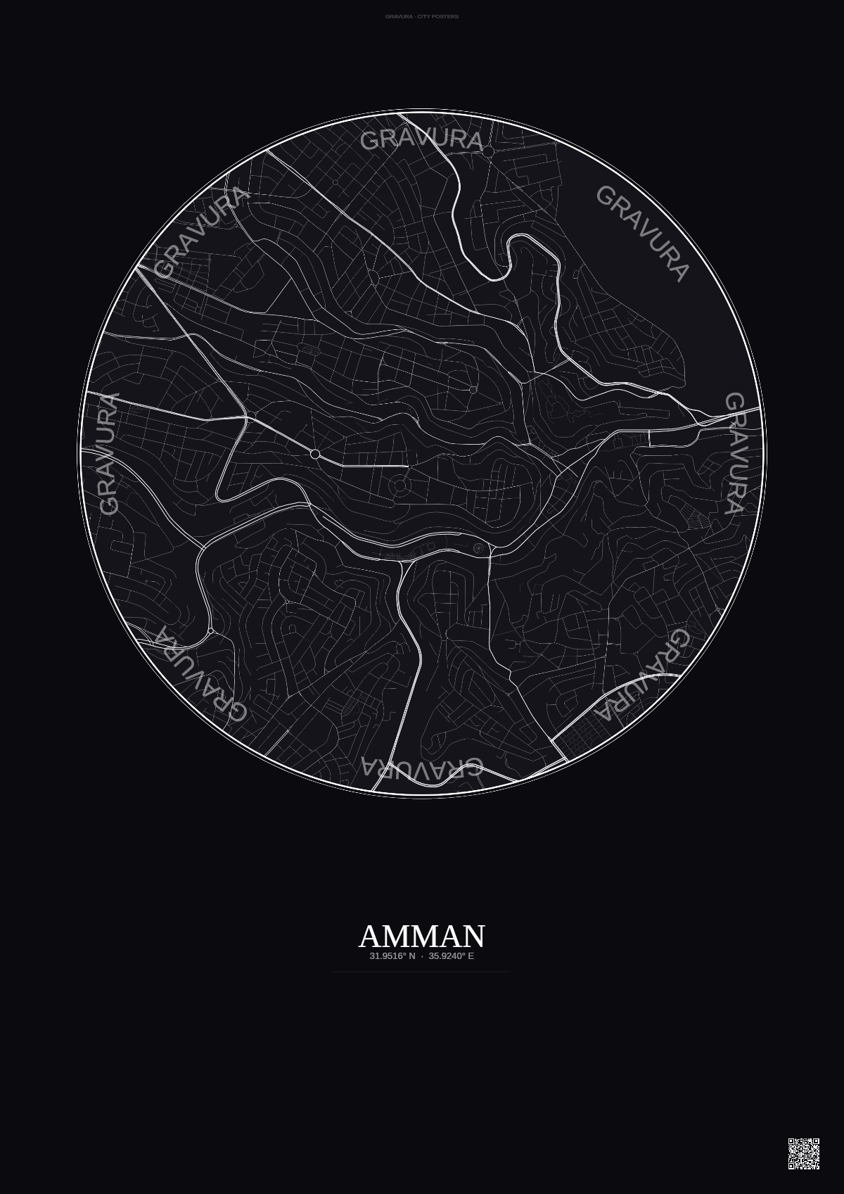 Affiche Amman – Poster carte de ville | Gravura – Fond foncé
