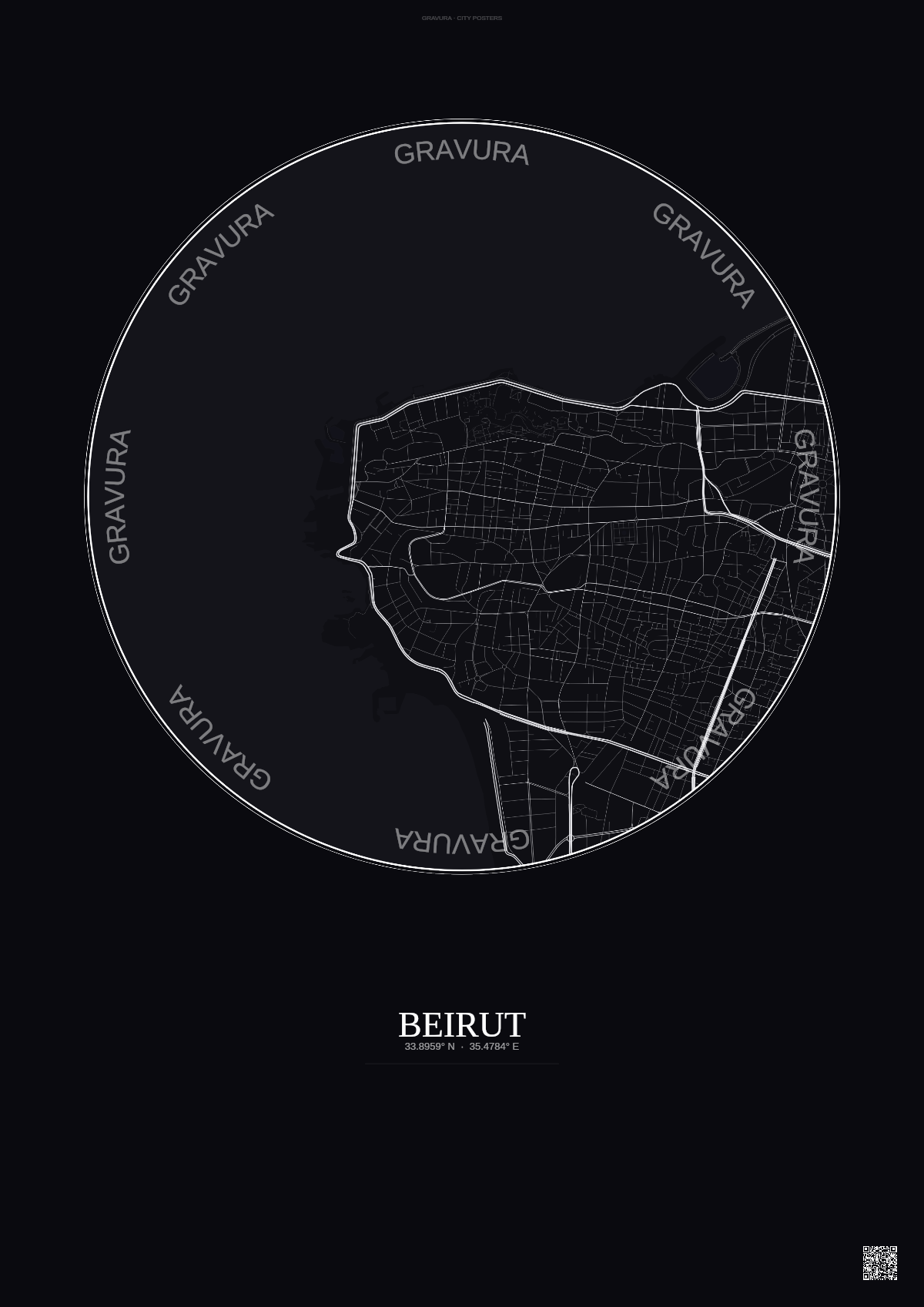 Affiche Beirut – Poster carte de ville | Gravura – Fond foncé