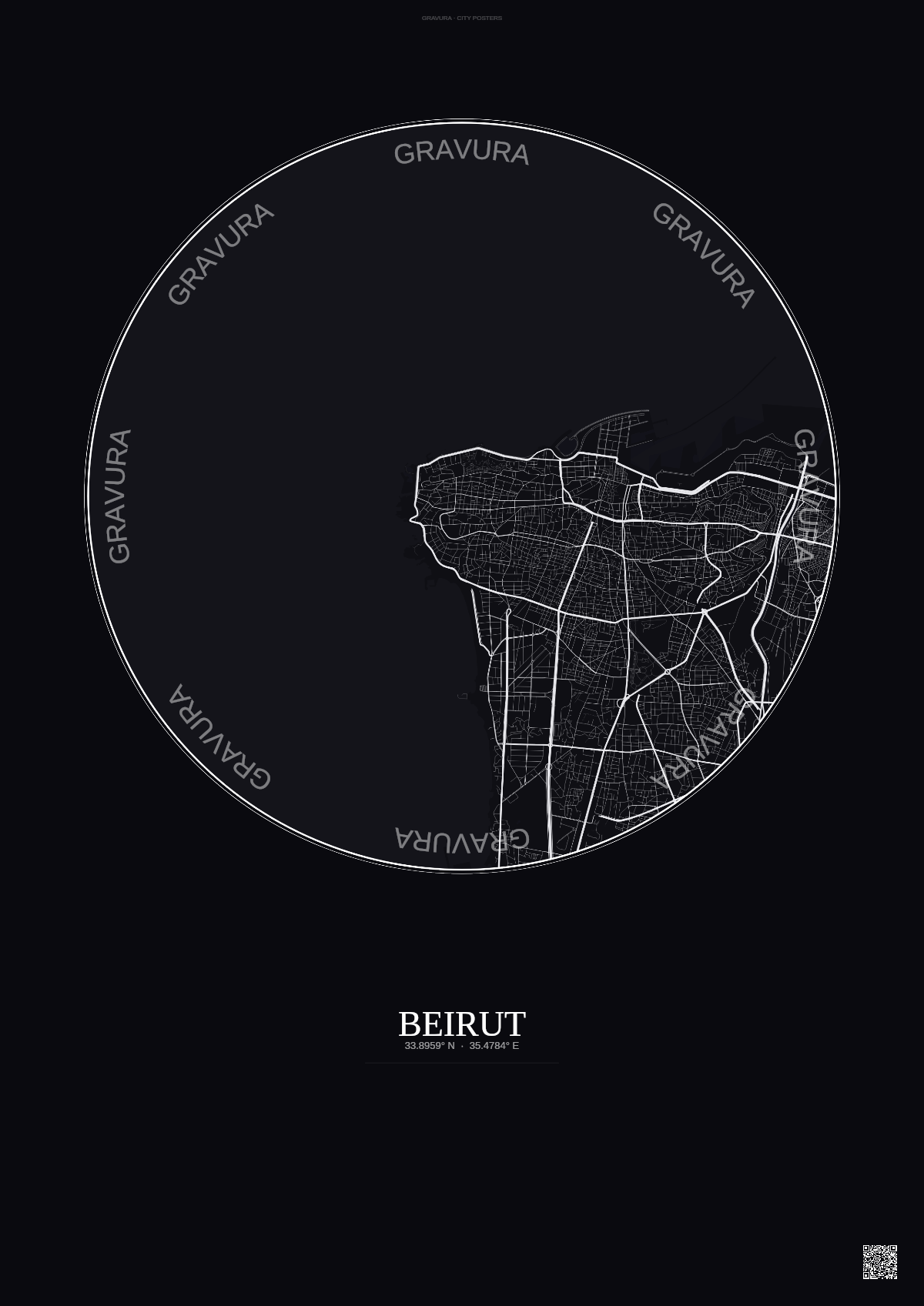 Affiche Beirut – Poster carte de ville | Gravura – Fond foncé