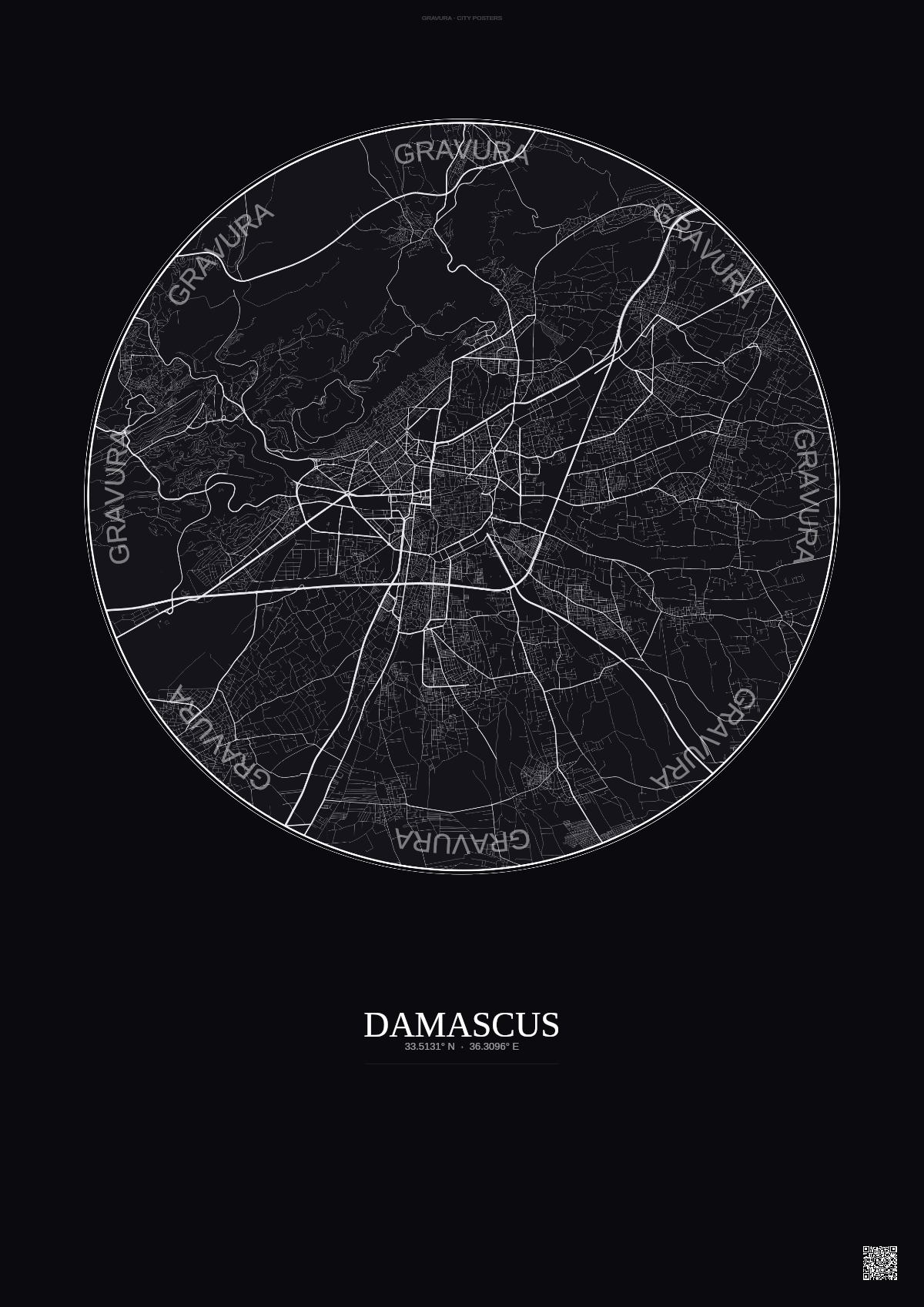 Affiche Damascus – Poster carte de ville | Gravura – Fond foncé