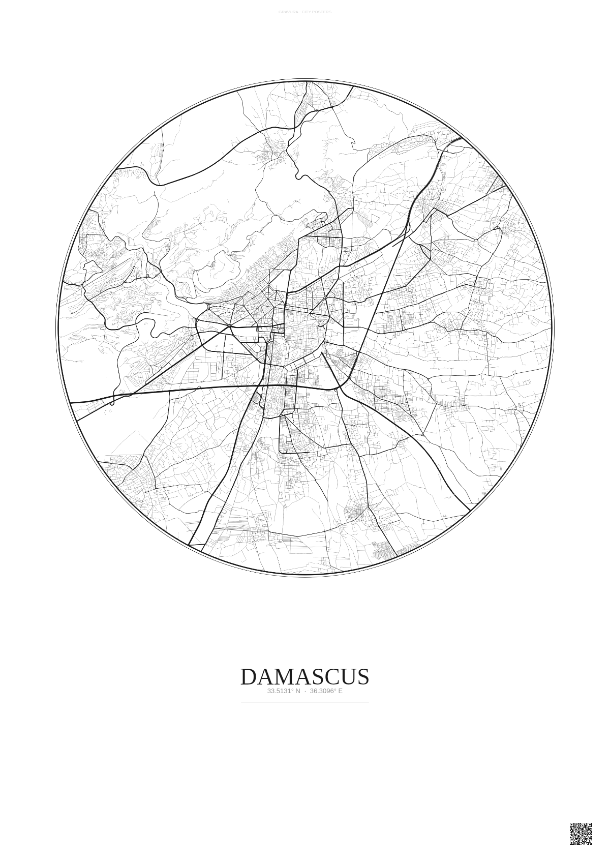 Affiche Damascus – Poster carte de ville | Gravura – Fond clair