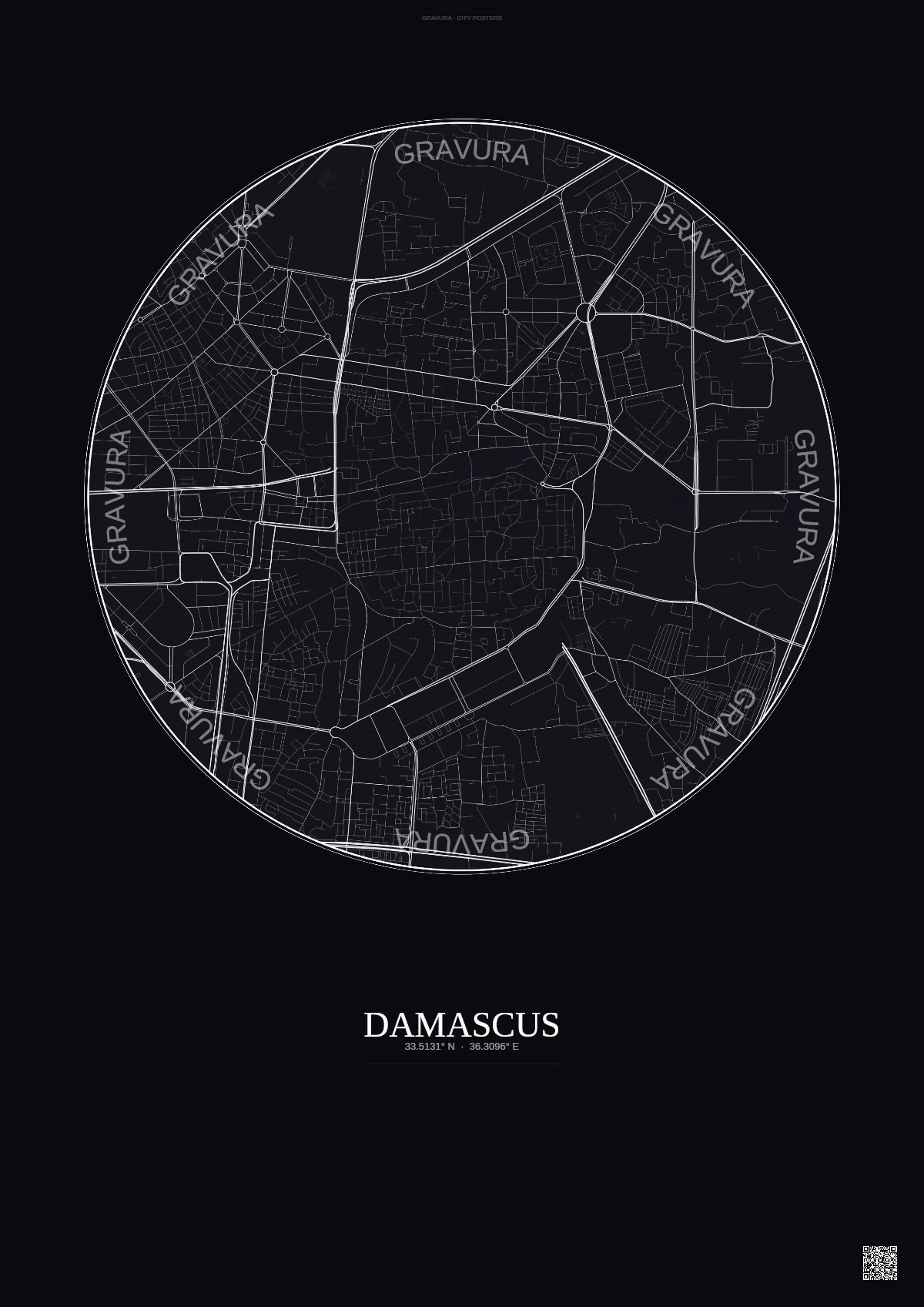 Affiche Damascus – Poster carte de ville | Gravura – Fond foncé