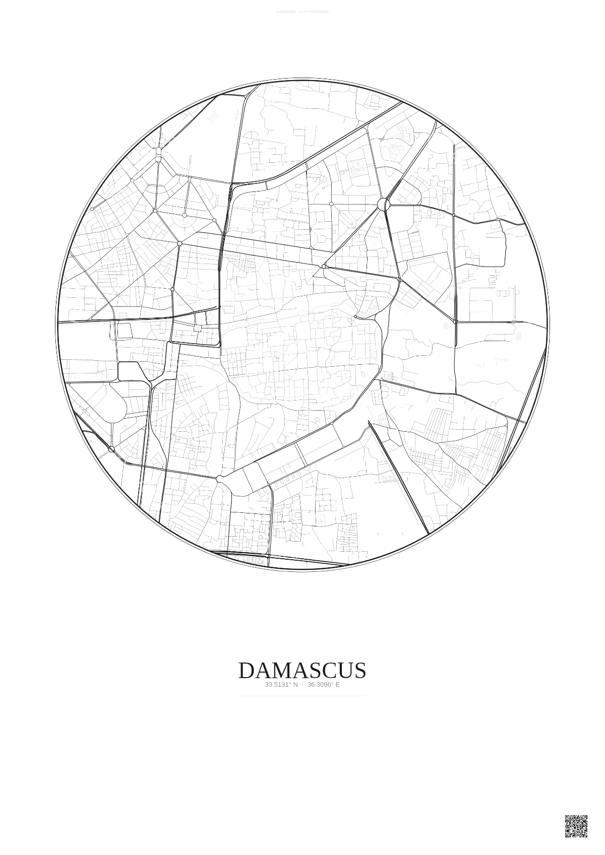 Affiche Damascus – Poster carte de ville | Gravura – Fond clair