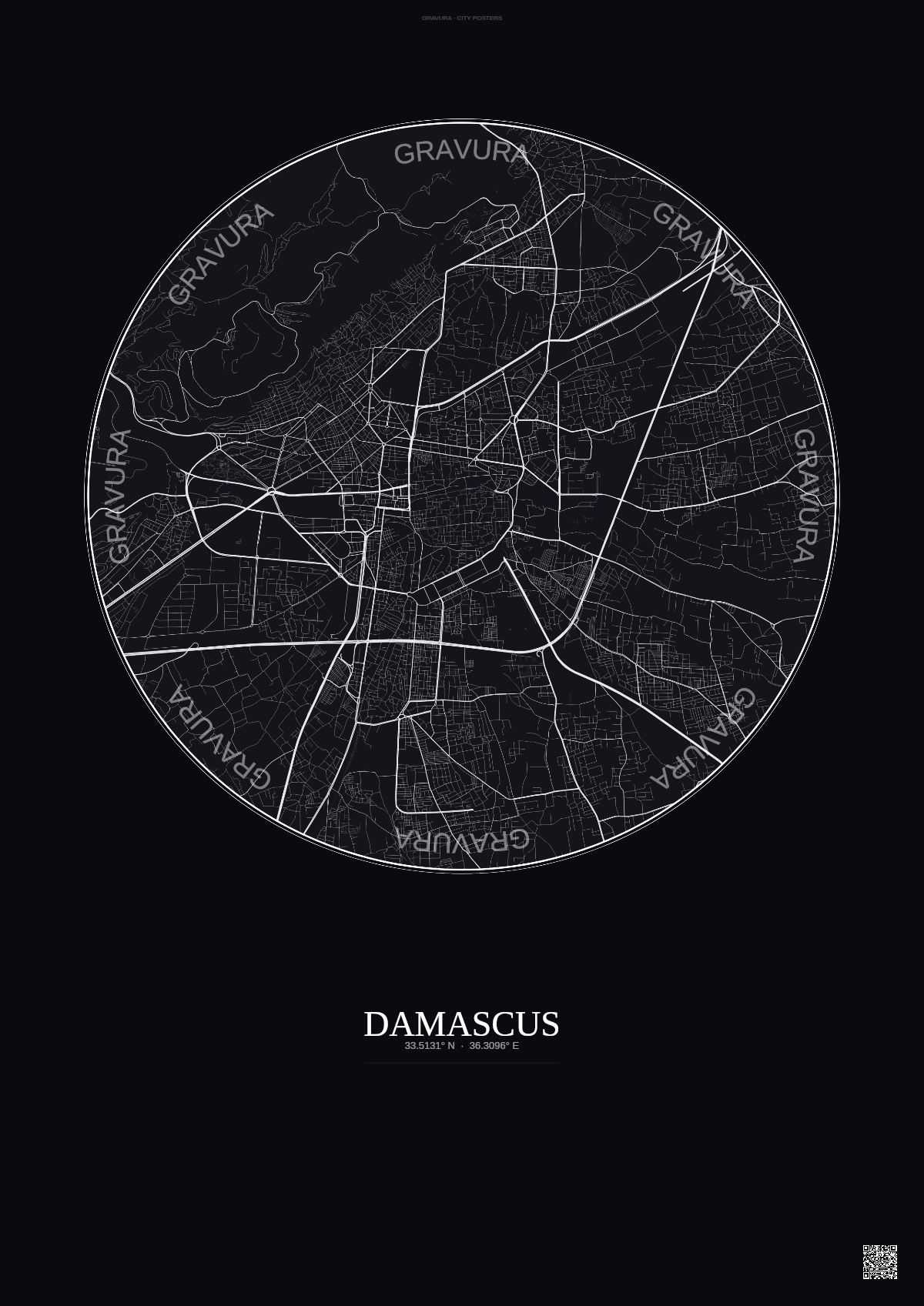 Affiche Damascus – Poster carte de ville | Gravura – Fond foncé