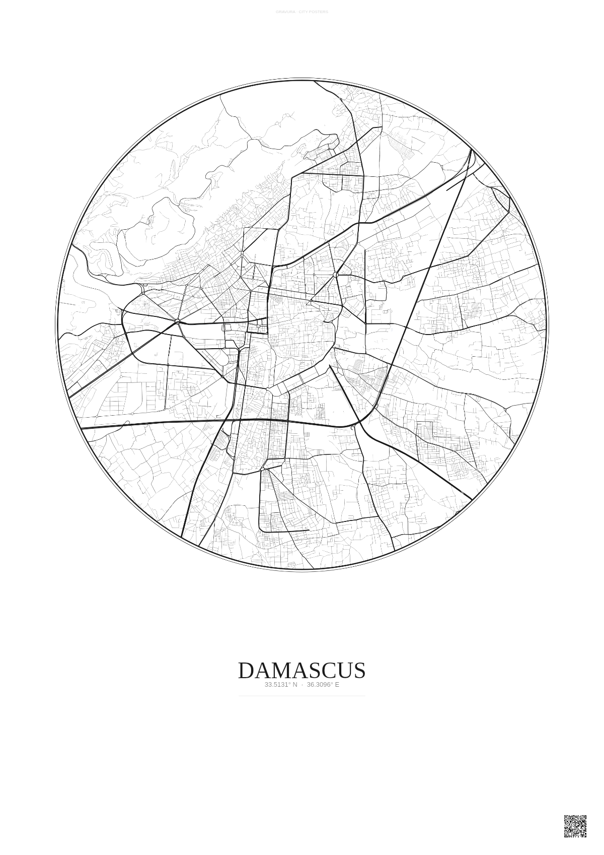 Affiche Damascus – Poster carte de ville | Gravura – Fond clair