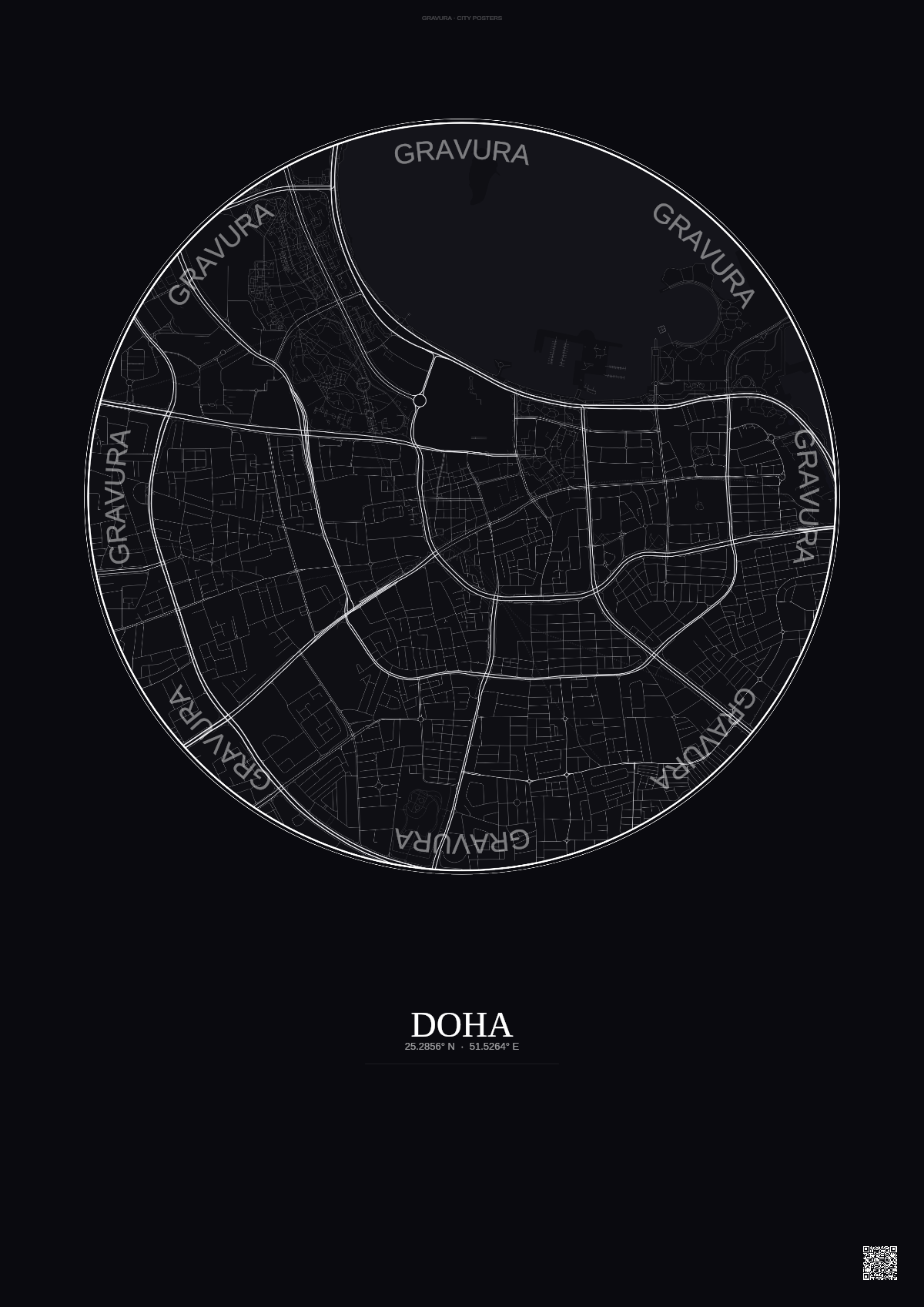 Affiche Doha – Poster carte de ville | Gravura – Fond foncé