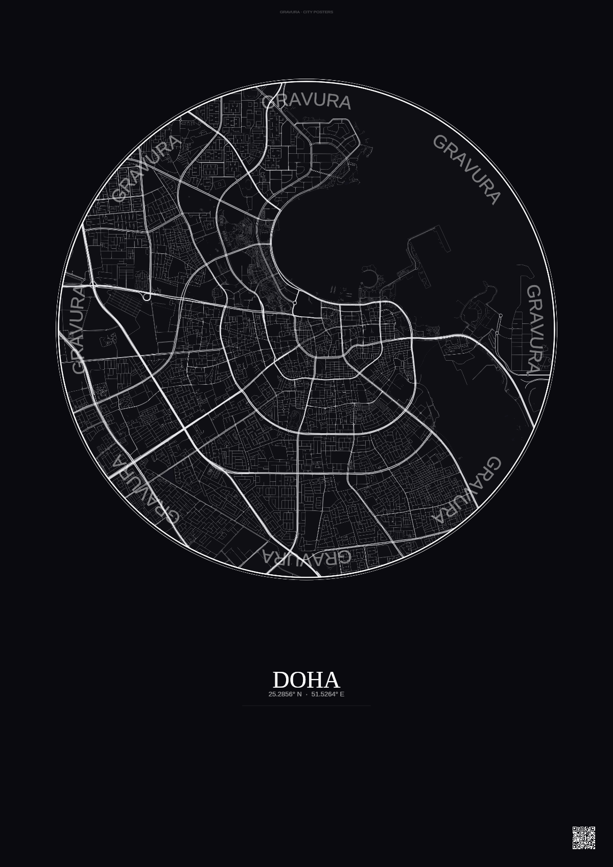 Affiche Doha – Poster carte de ville | Gravura – Fond foncé
