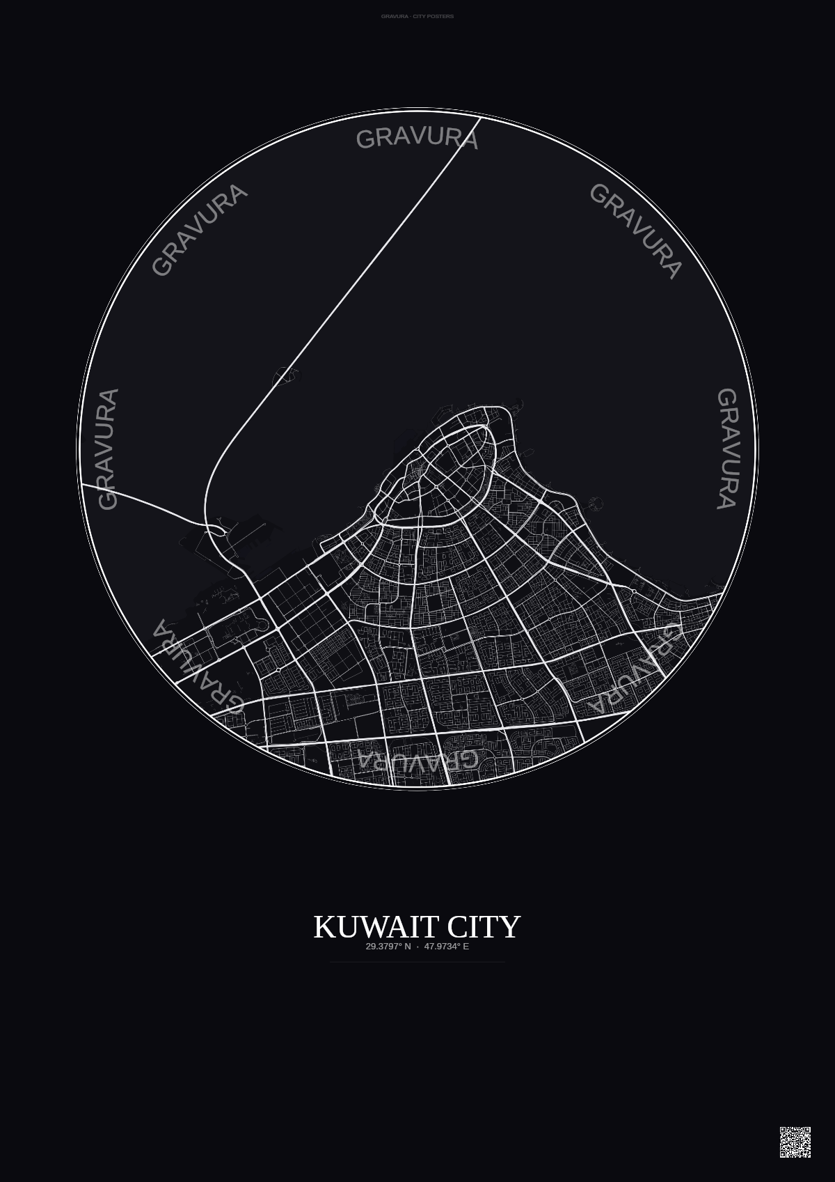 Affiche Kuwait City – Poster carte de ville | Gravura – Fond foncé