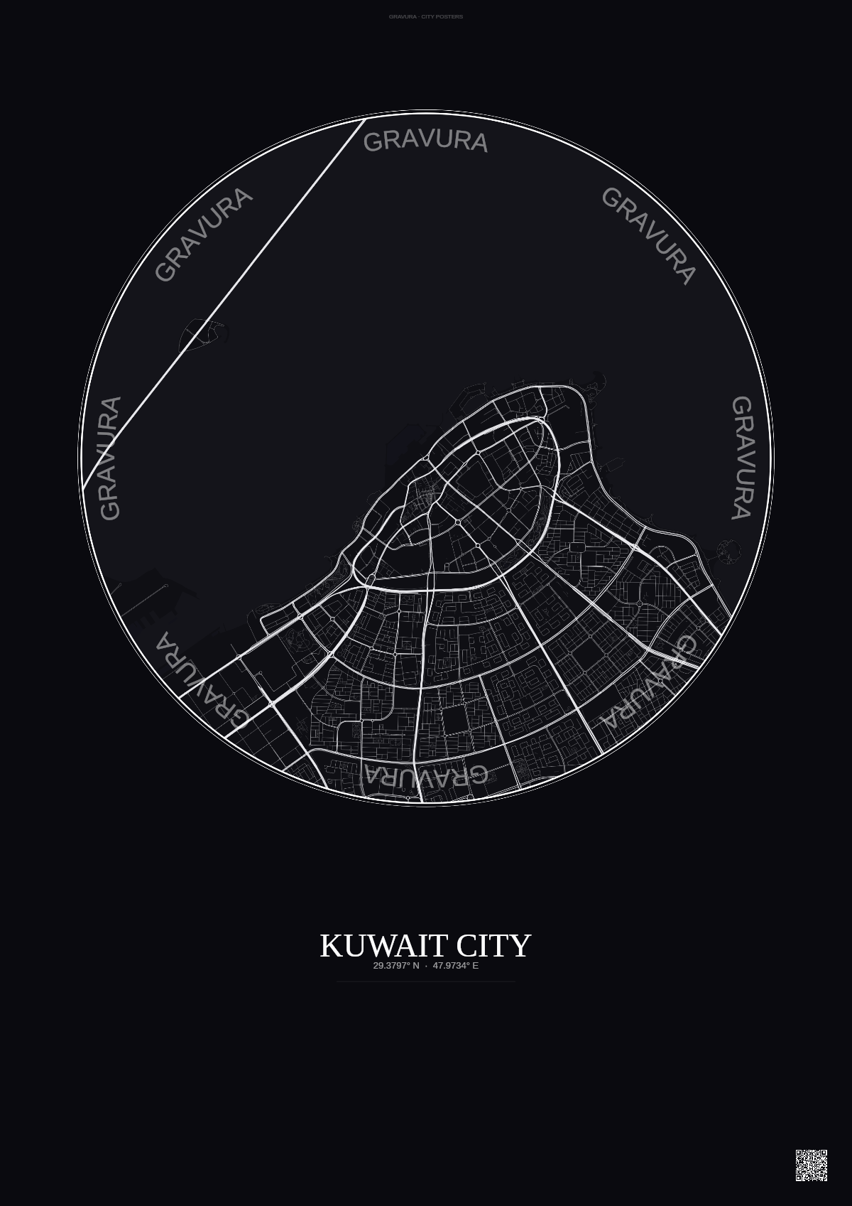 Affiche Kuwait City – Poster carte de ville | Gravura – Fond foncé