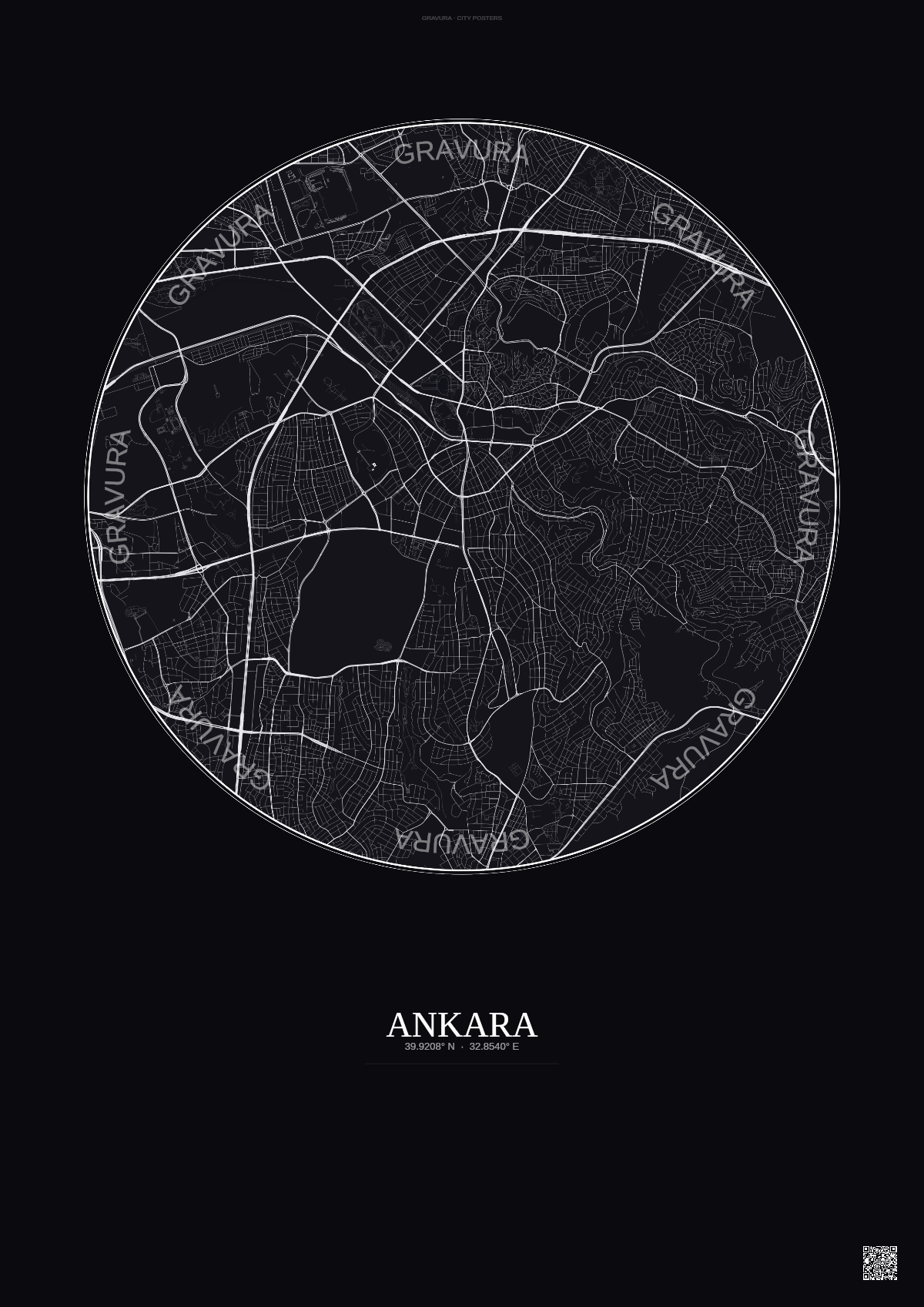 Affiche Ankara – Poster carte de ville | Gravura – Fond foncé