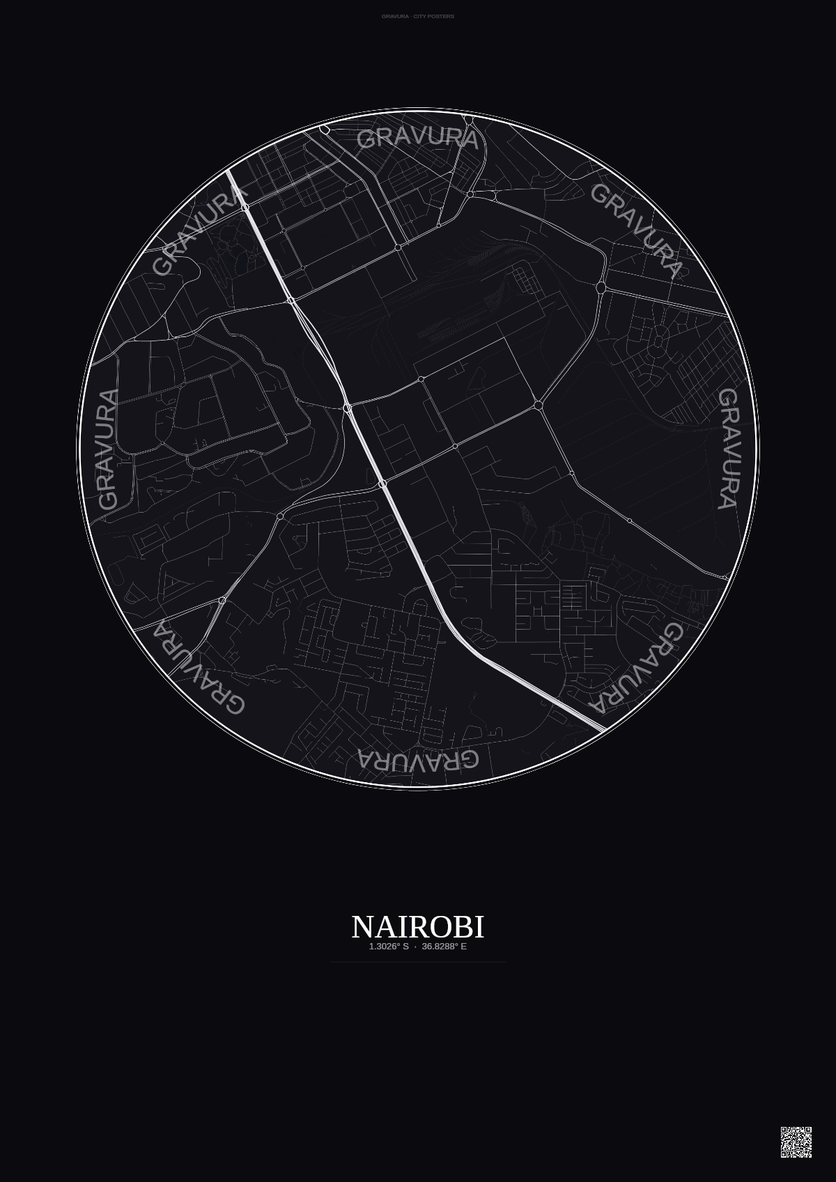 Affiche Nairobi – Poster carte de ville | Gravura – Fond foncé