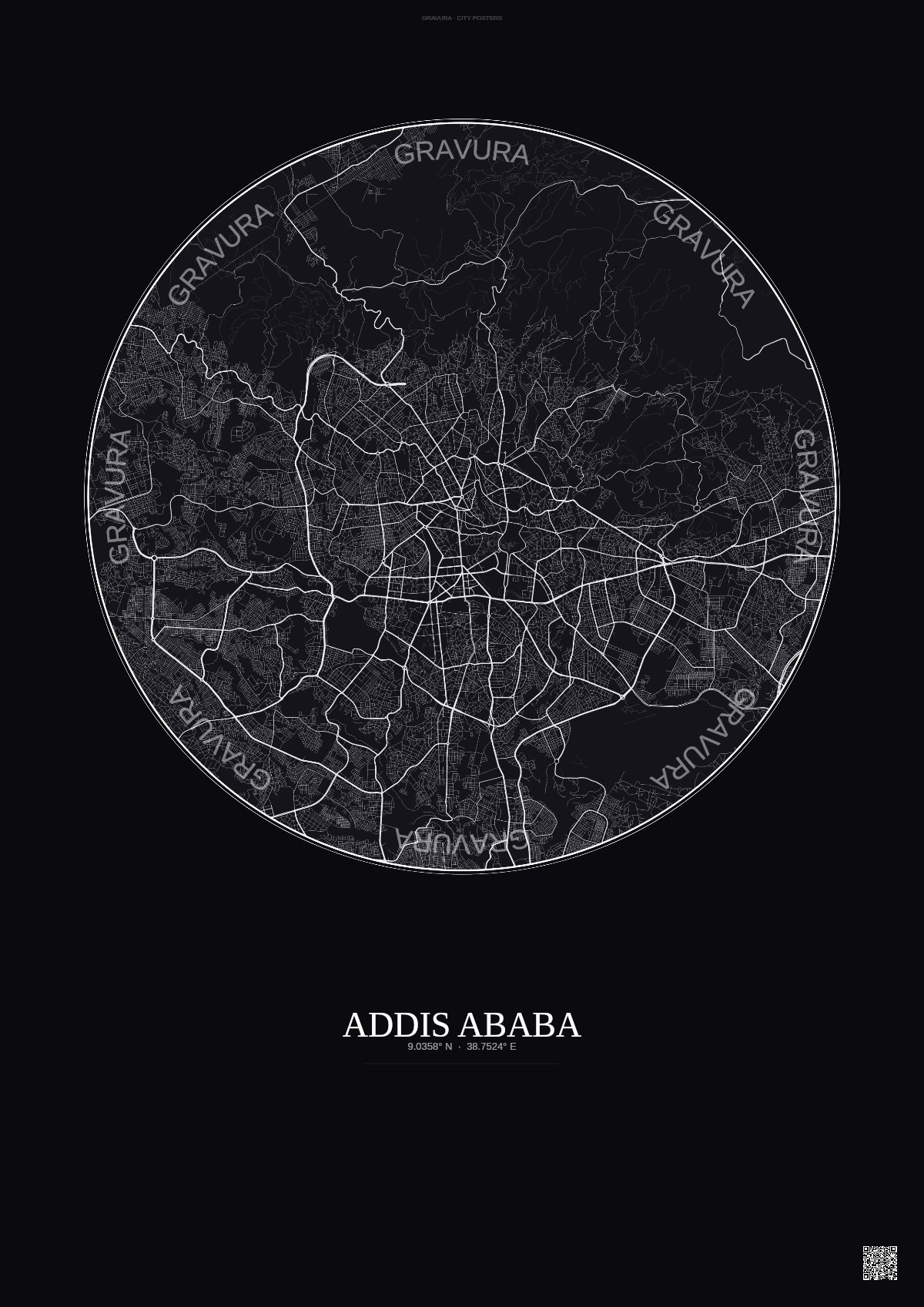 Affiche Addis Ababa – Poster carte de ville | Gravura – Fond foncé