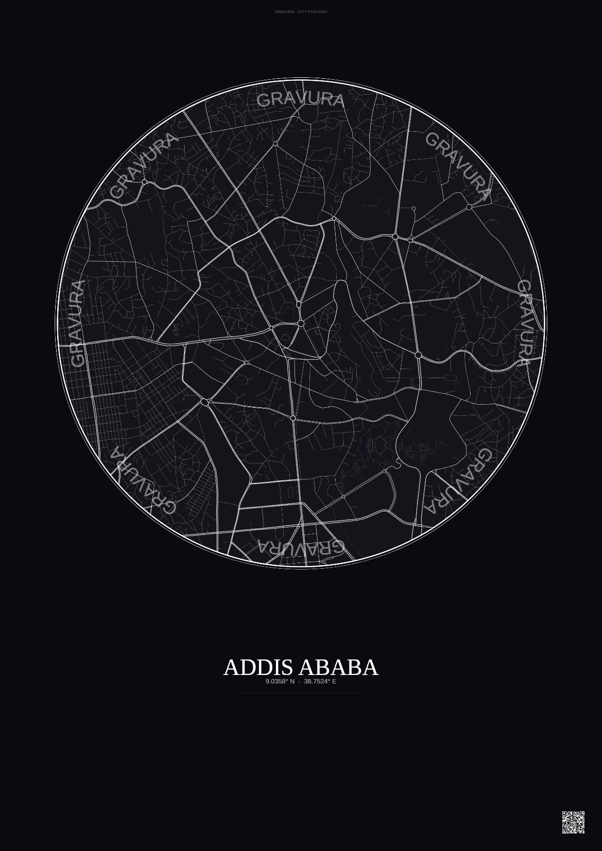 Affiche Addis Ababa – Poster carte de ville | Gravura – Fond foncé