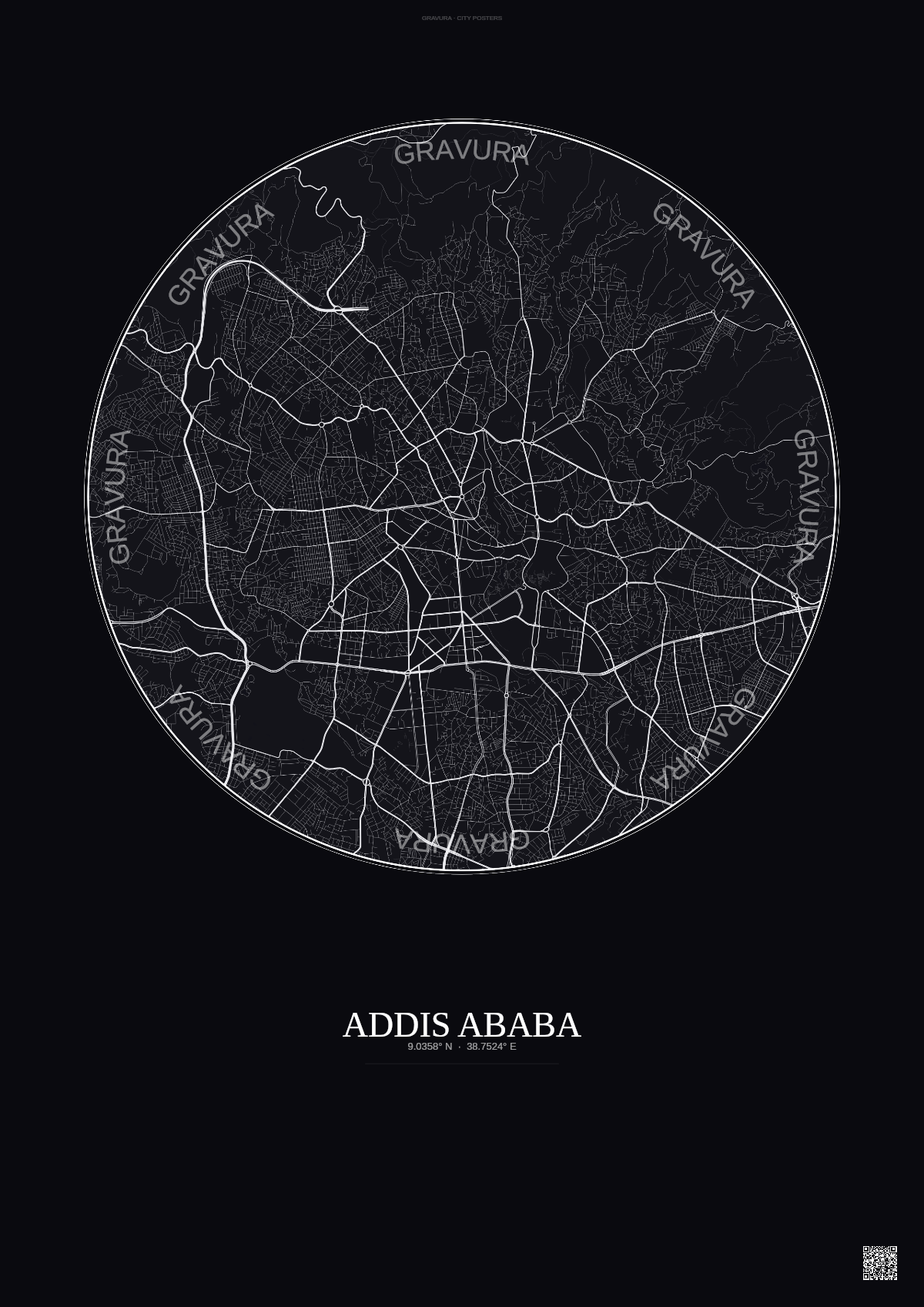 Affiche Addis Ababa – Poster carte de ville | Gravura – Fond foncé