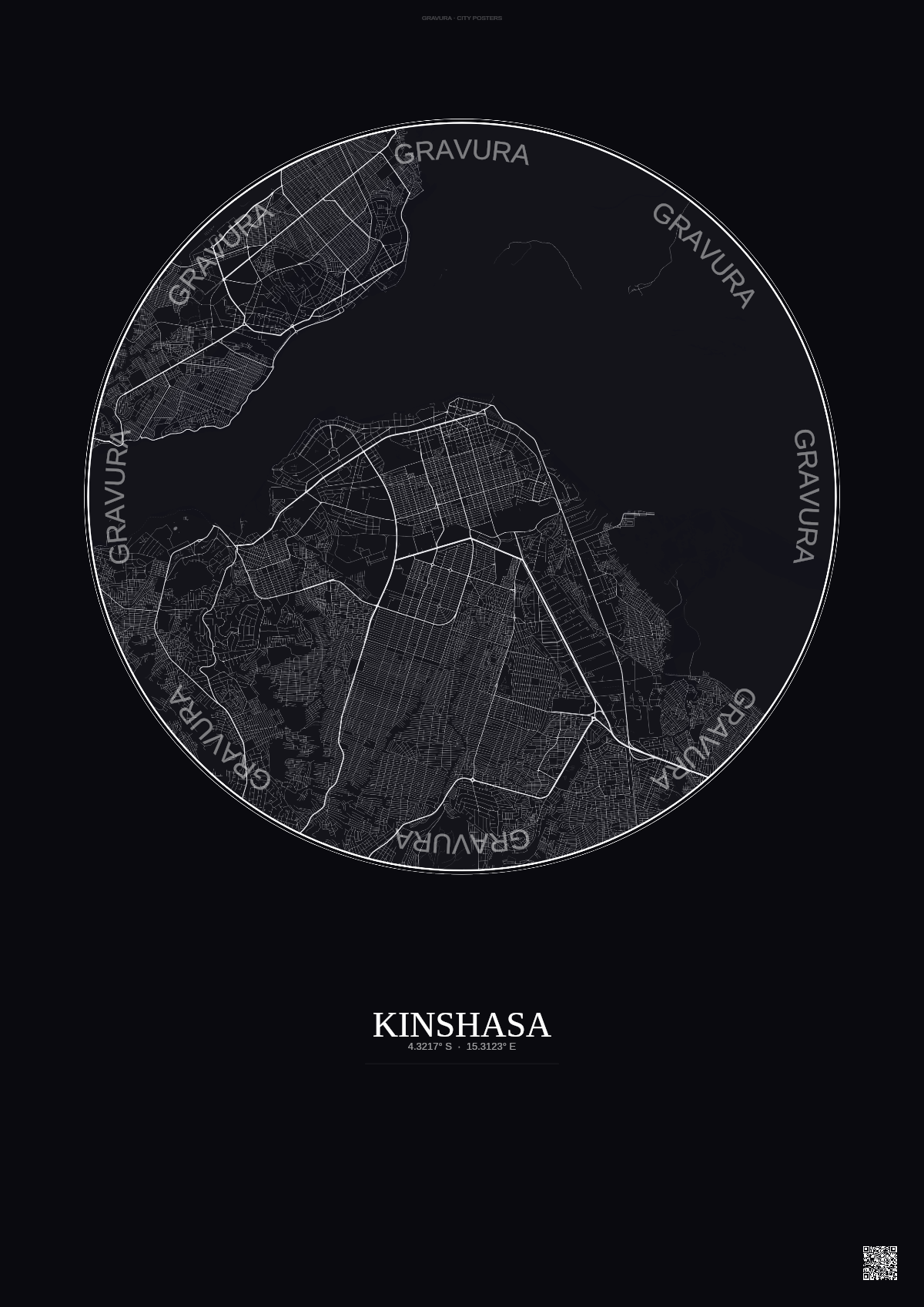 Affiche Kinshasa – Poster carte de ville | Gravura – Fond foncé