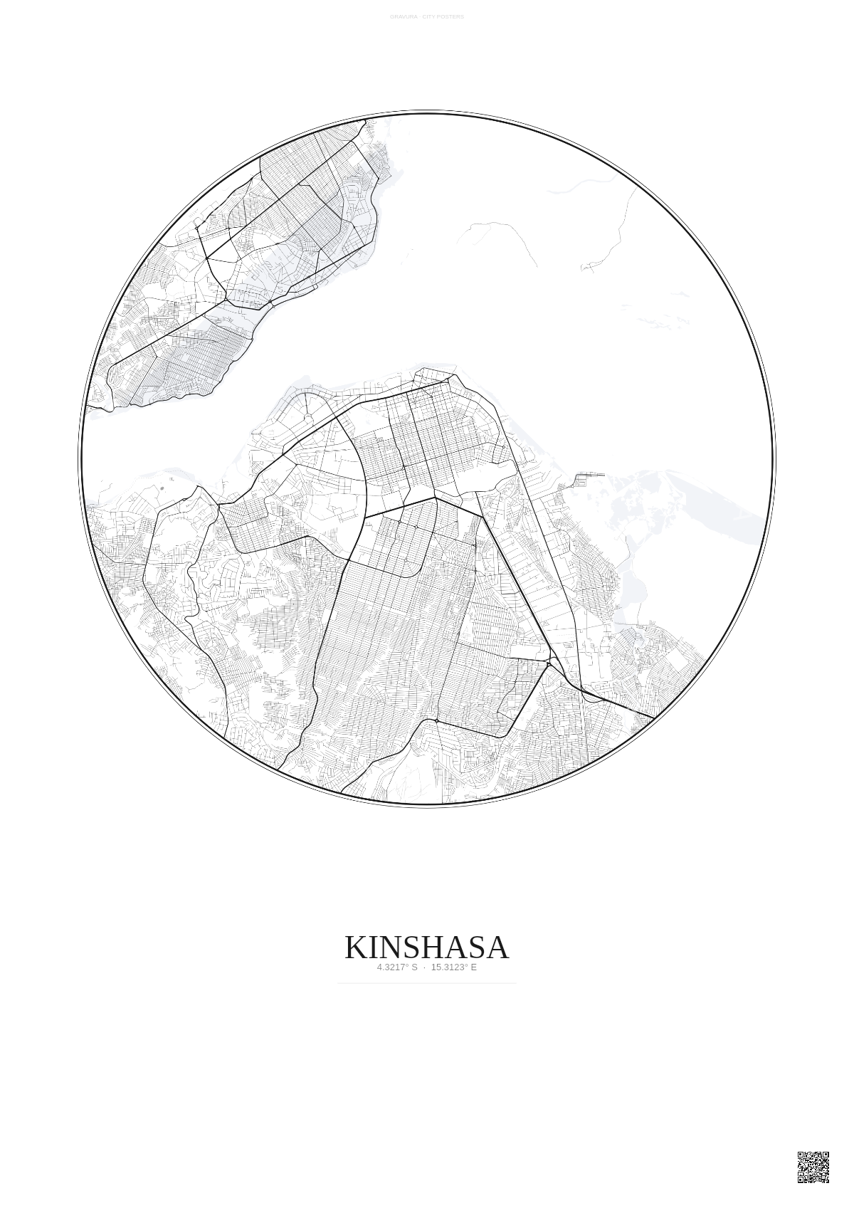 Affiche Kinshasa – Poster carte de ville | Gravura – Fond clair