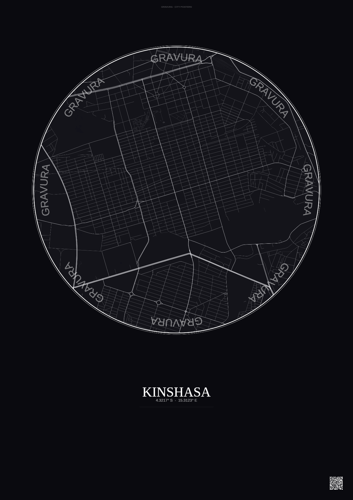 Affiche Kinshasa – Poster carte de ville | Gravura – Fond foncé