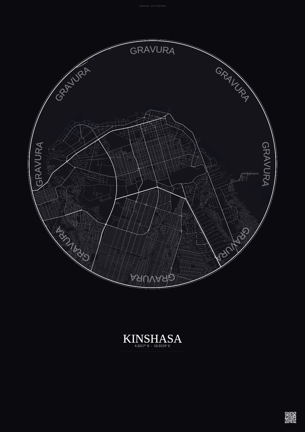 Affiche Kinshasa – Poster carte de ville | Gravura – Fond foncé