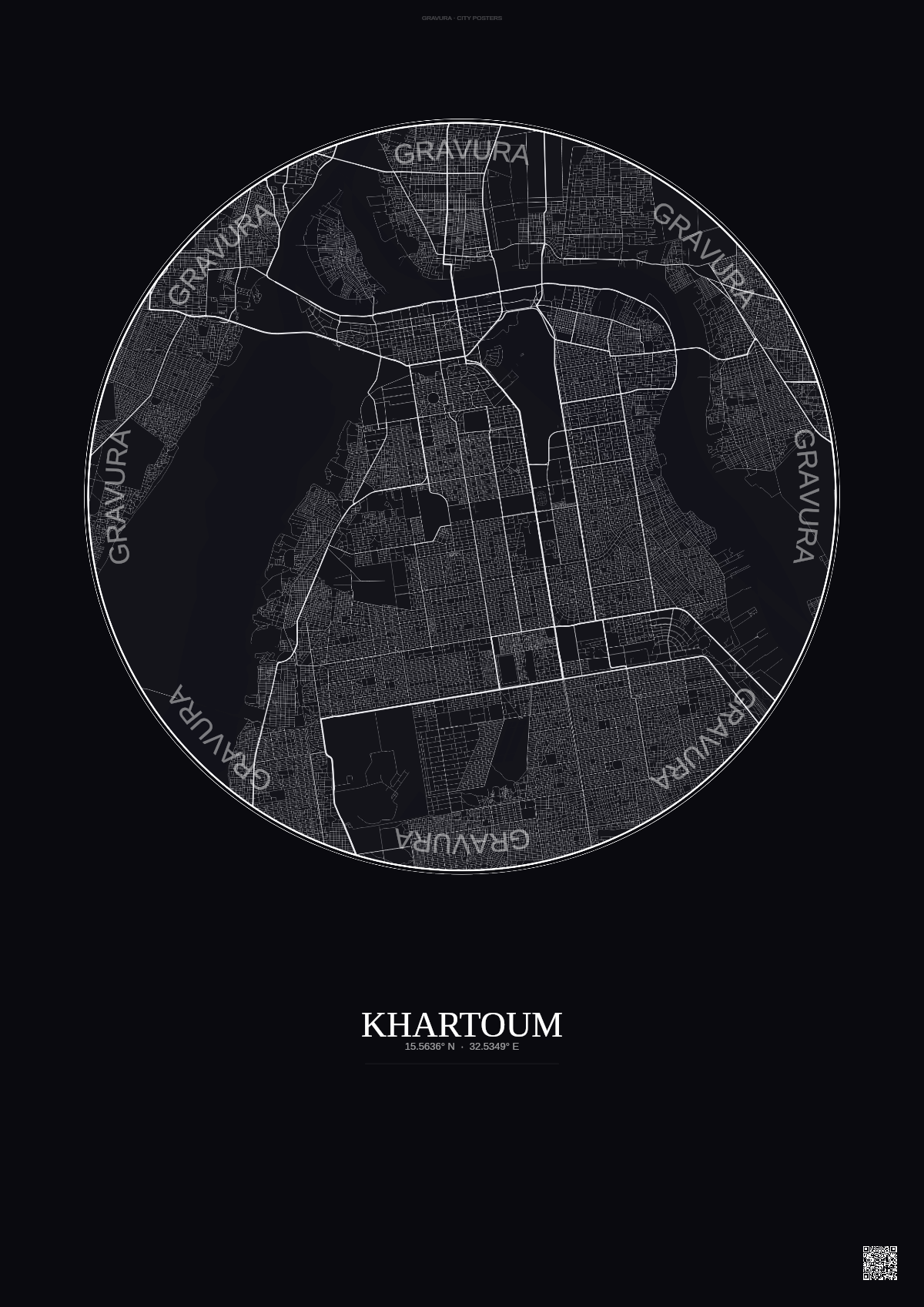 Affiche Khartoum – Poster carte de ville | Gravura – Fond foncé