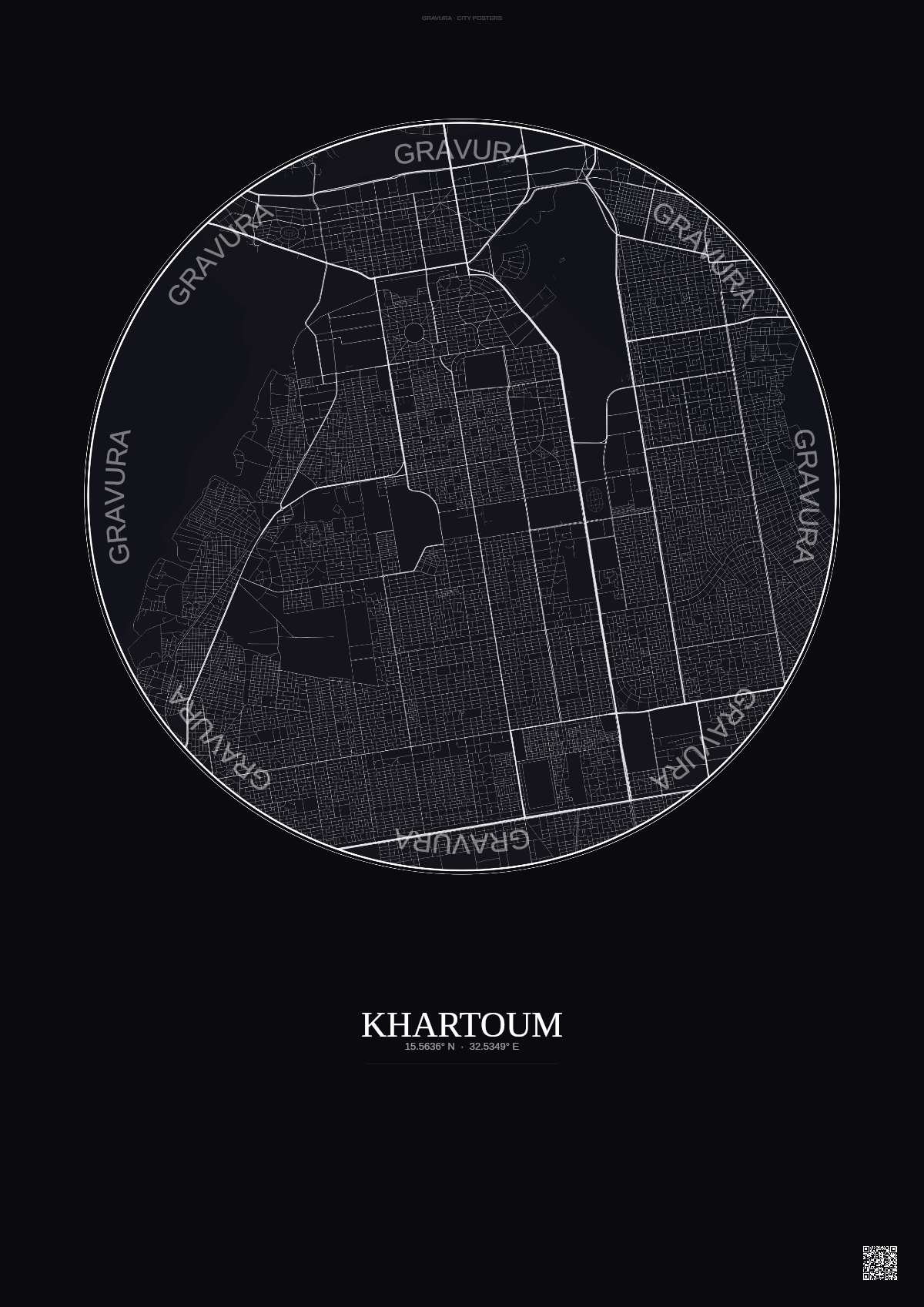Affiche Khartoum – Poster carte de ville | Gravura – Fond foncé