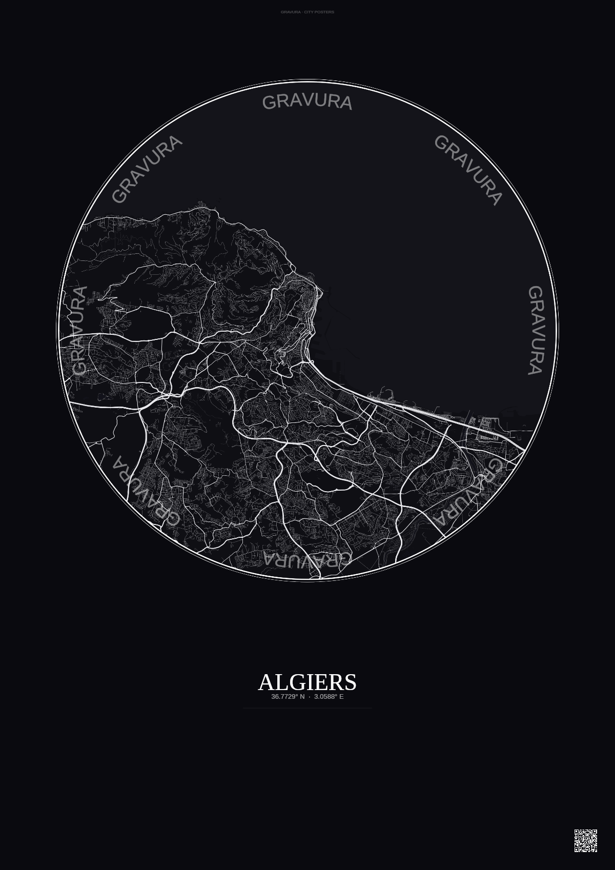 Affiche Algiers – Poster carte de ville | Gravura – Fond foncé