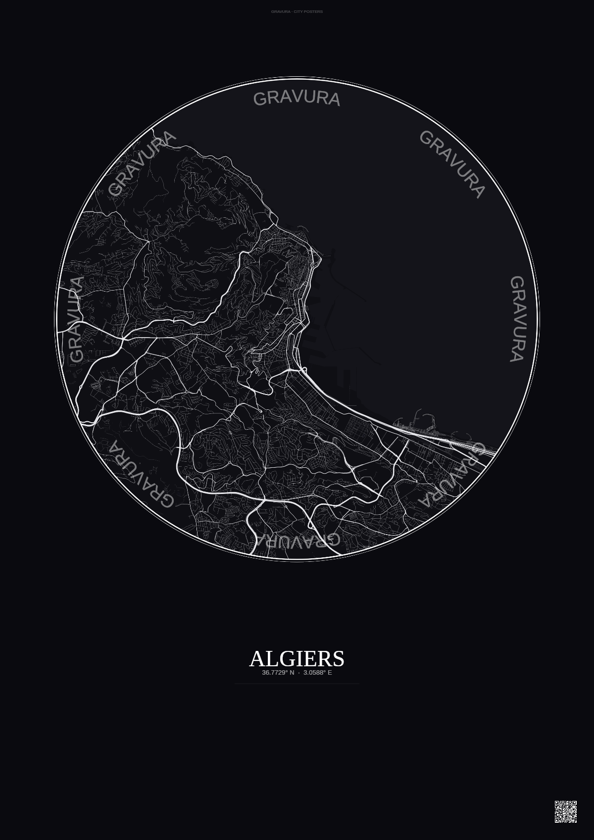 Affiche Algiers – Poster carte de ville | Gravura – Fond foncé