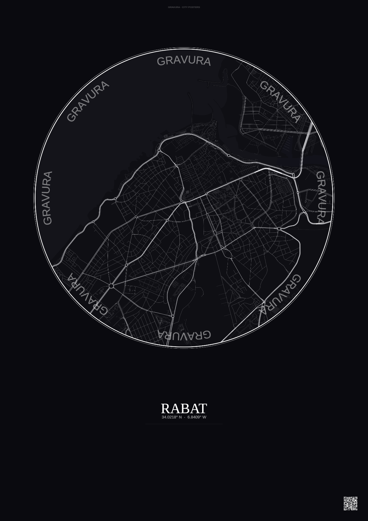 Affiche Rabat – Poster carte de ville | Gravura – Fond foncé