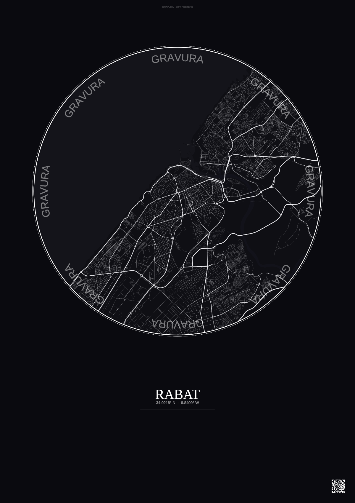Affiche Rabat – Poster carte de ville | Gravura – Fond foncé