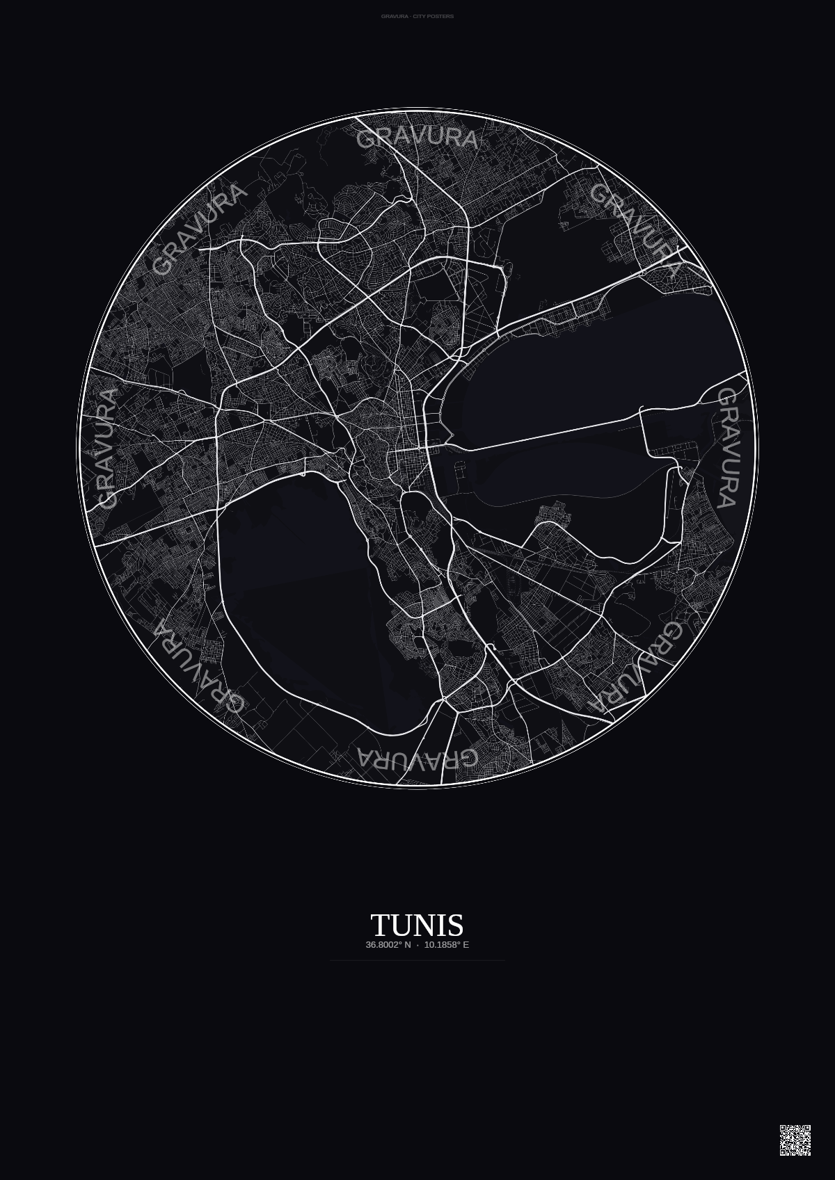 Affiche Tunis – Poster carte de ville | Gravura – Fond foncé
