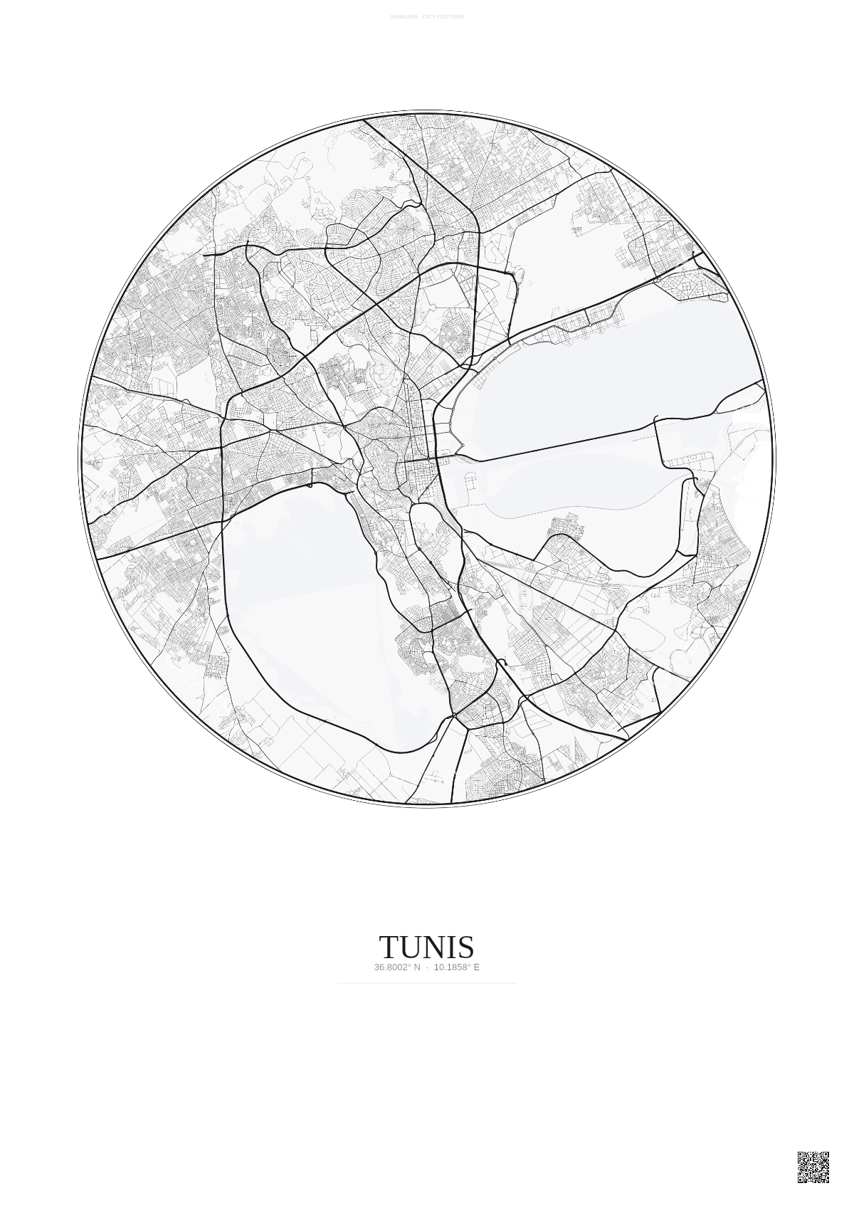 Affiche Tunis – Poster carte de ville | Gravura – Fond clair