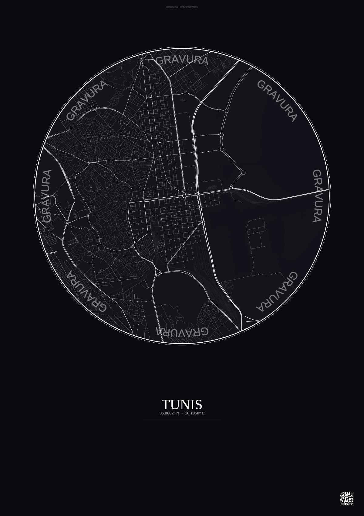 Affiche Tunis – Poster carte de ville | Gravura – Fond foncé