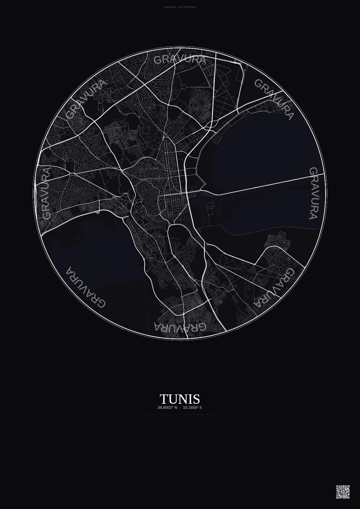 Affiche Tunis – Poster carte de ville | Gravura – Fond foncé