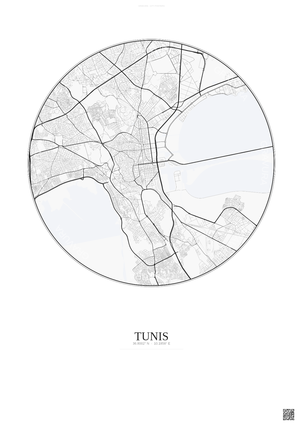 Affiche Tunis – Poster carte de ville | Gravura – Fond clair