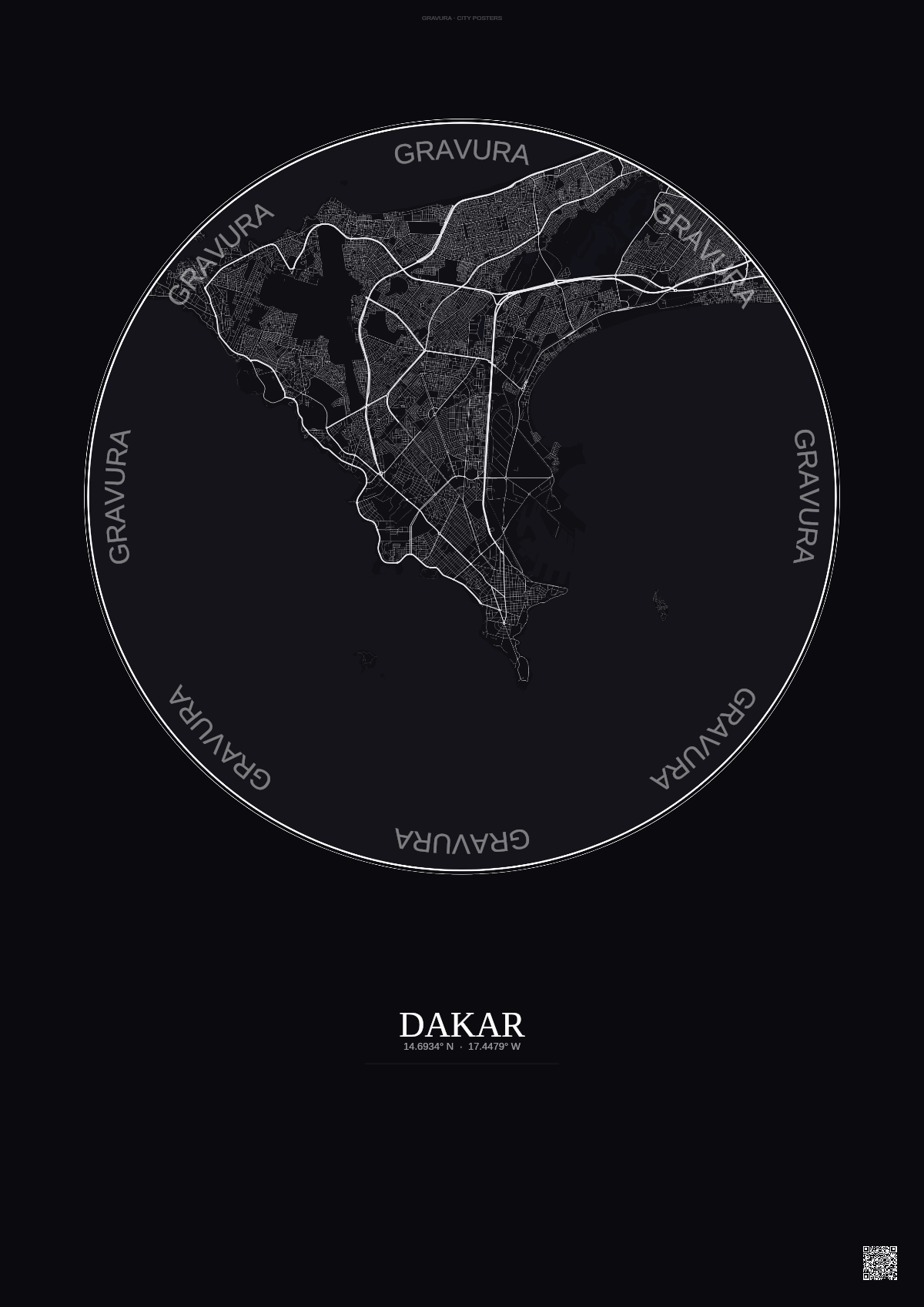 Affiche Dakar – Poster carte de ville | Gravura – Fond foncé