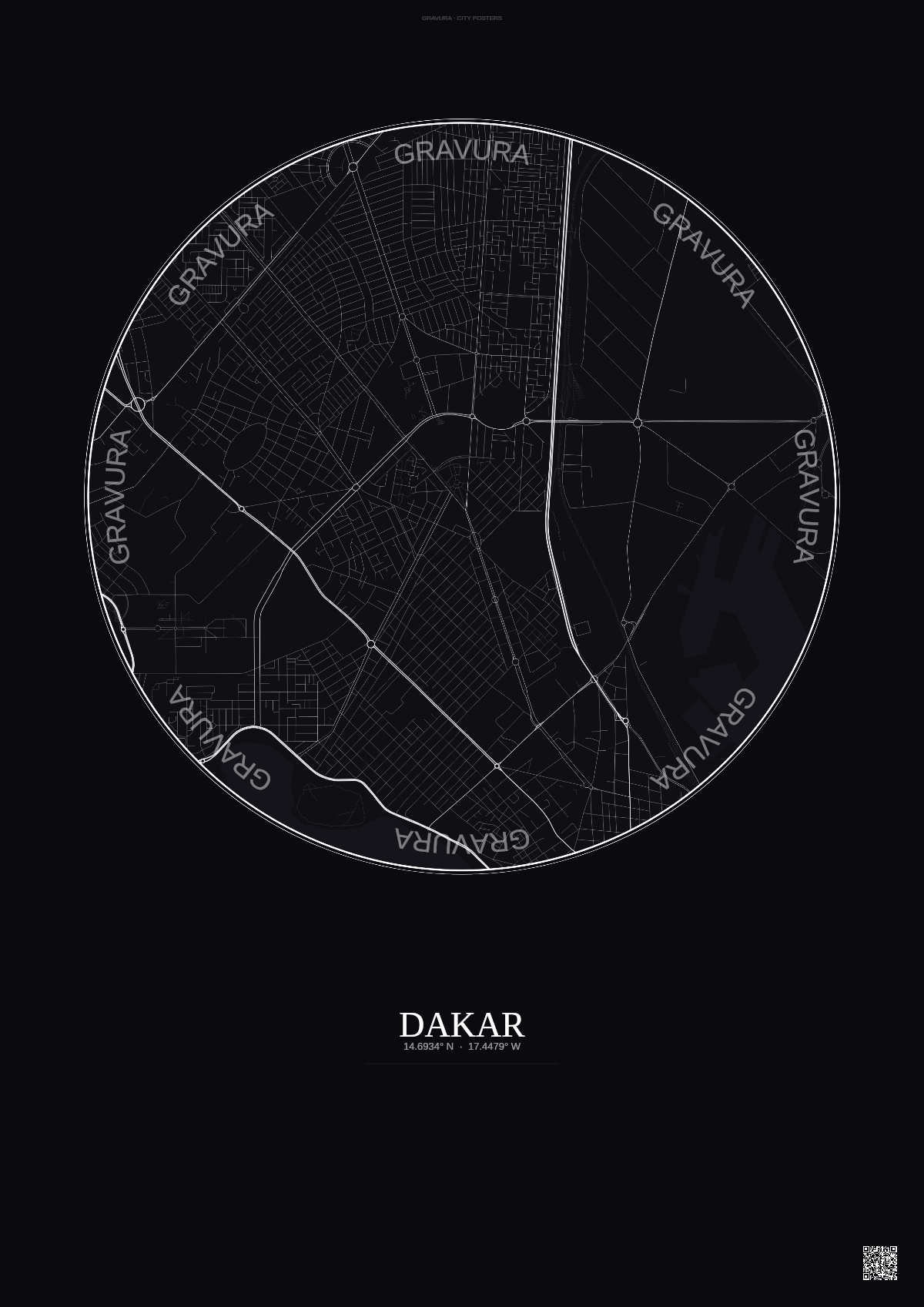 Affiche Dakar – Poster carte de ville | Gravura – Fond foncé