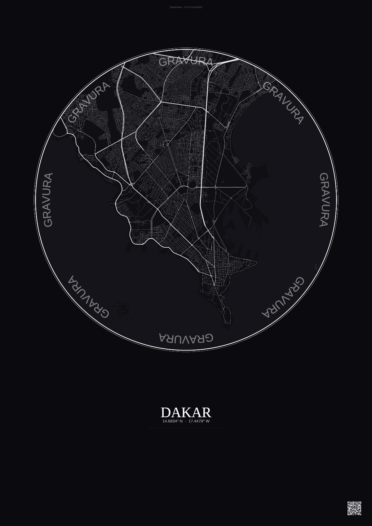 Affiche Dakar – Poster carte de ville | Gravura – Fond foncé