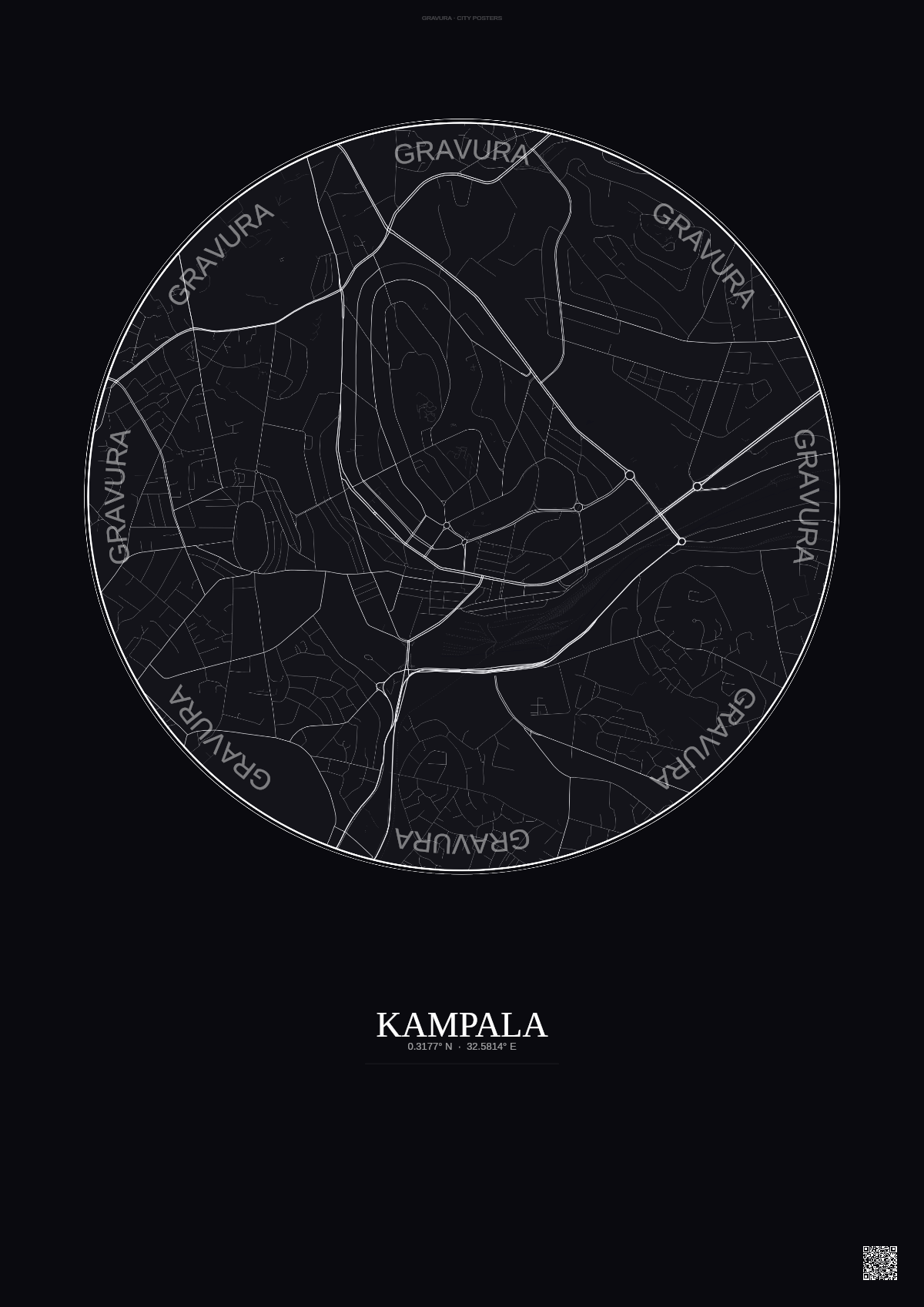 Affiche Kampala – Poster carte de ville | Gravura – Fond foncé