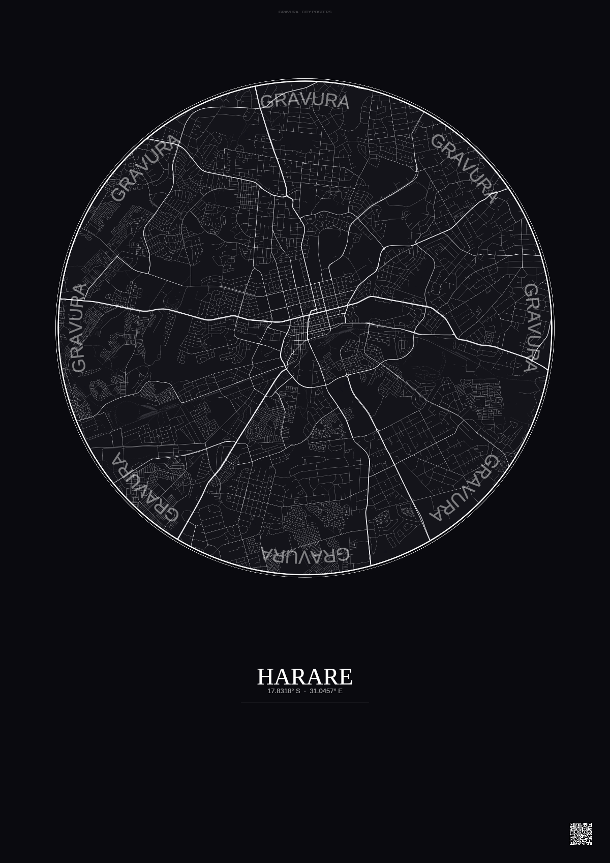 Affiche Harare – Poster carte de ville | Gravura – Fond foncé