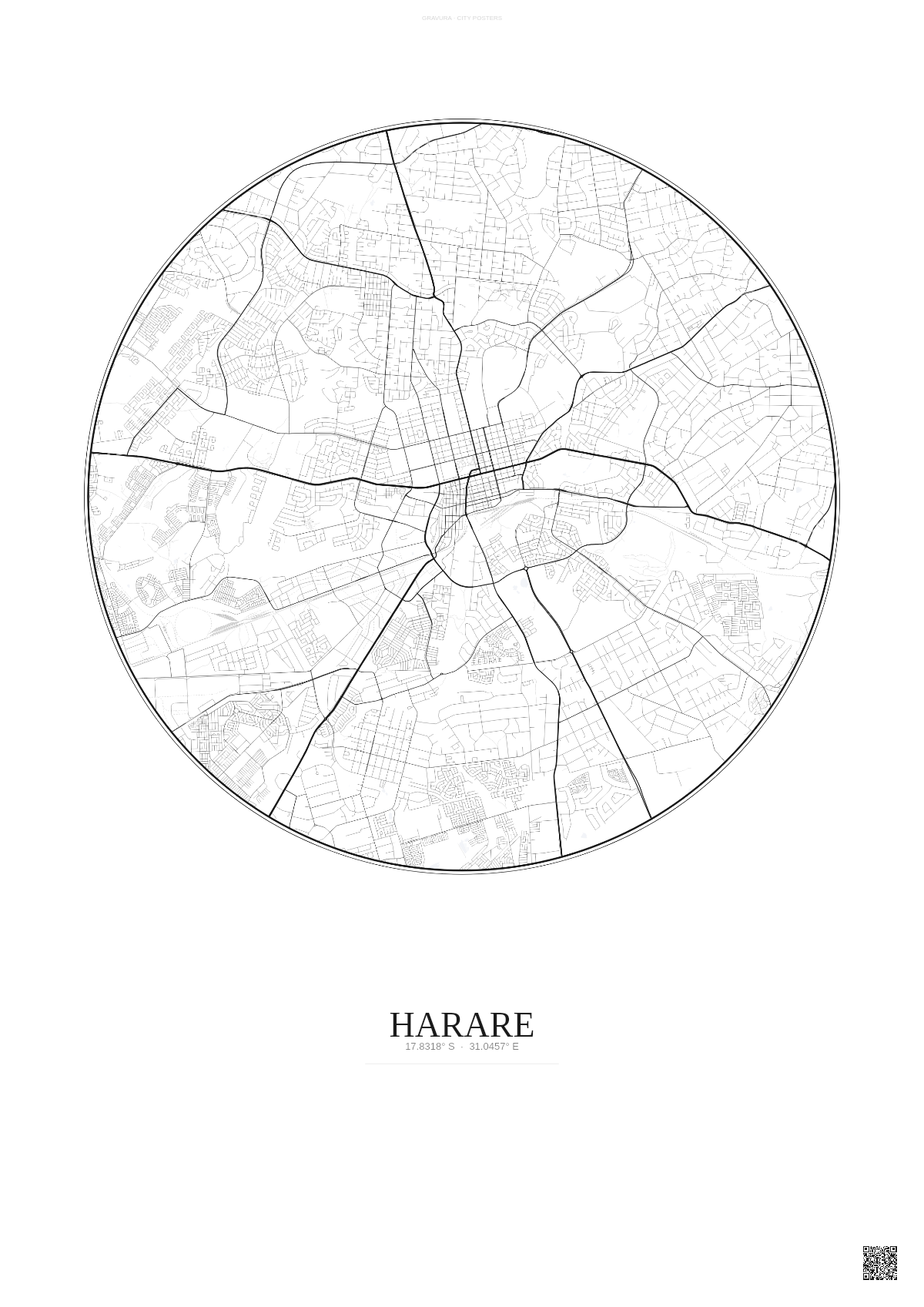 Affiche Harare – Poster carte de ville | Gravura – Fond clair