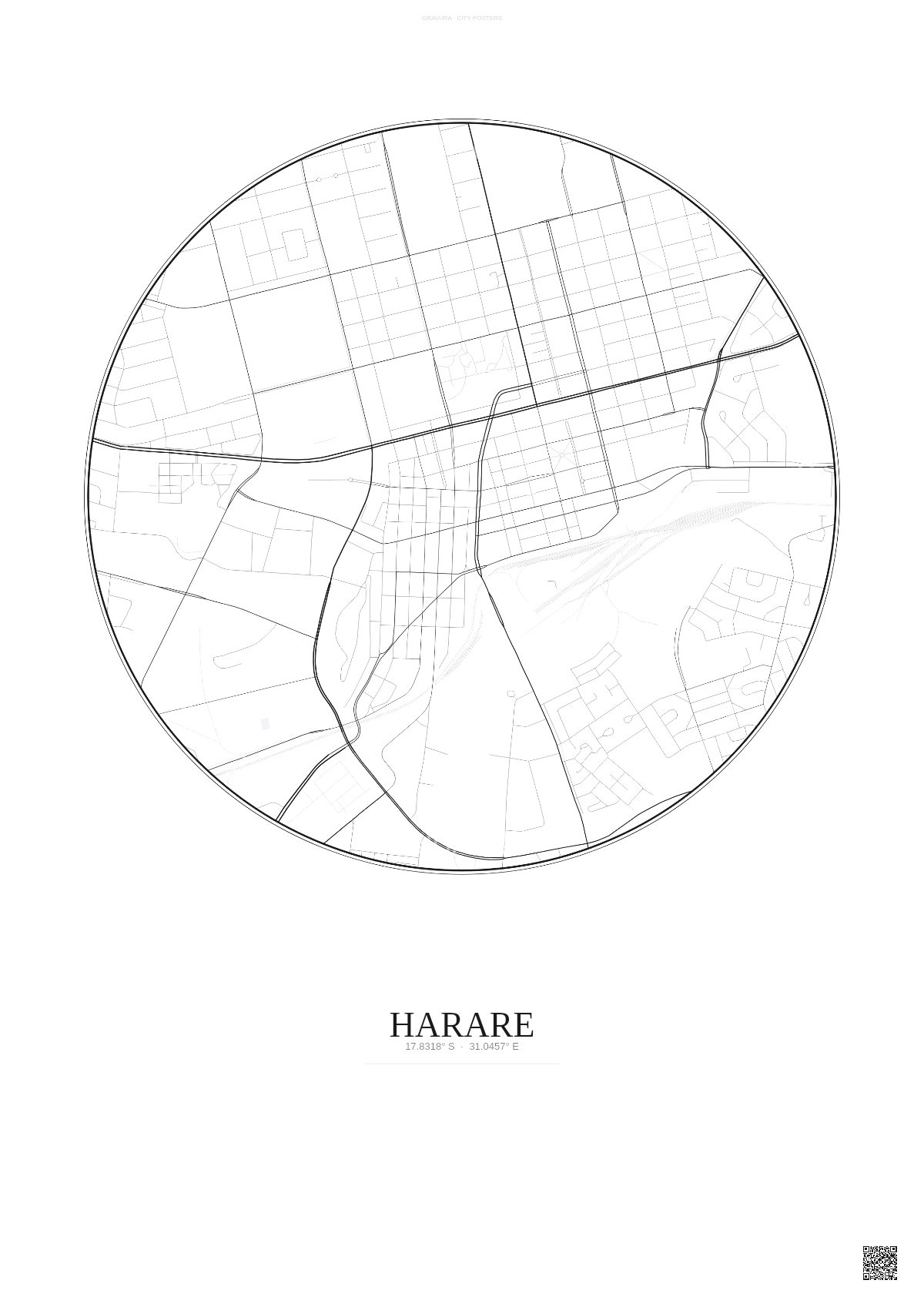 Affiche Harare – Poster carte de ville | Gravura – Fond clair