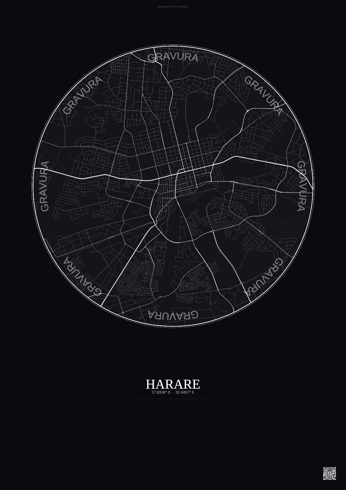 Affiche Harare – Poster carte de ville | Gravura – Fond foncé