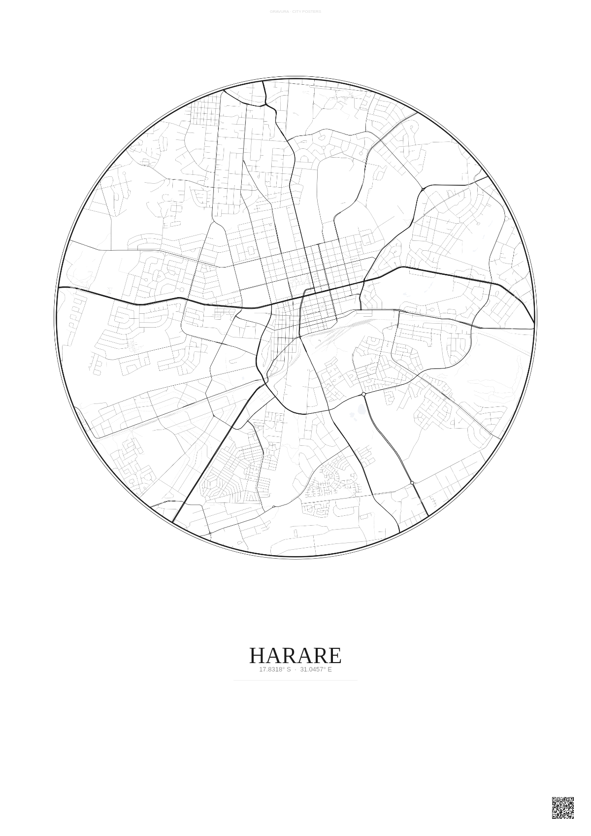 Affiche Harare – Poster carte de ville | Gravura – Fond clair