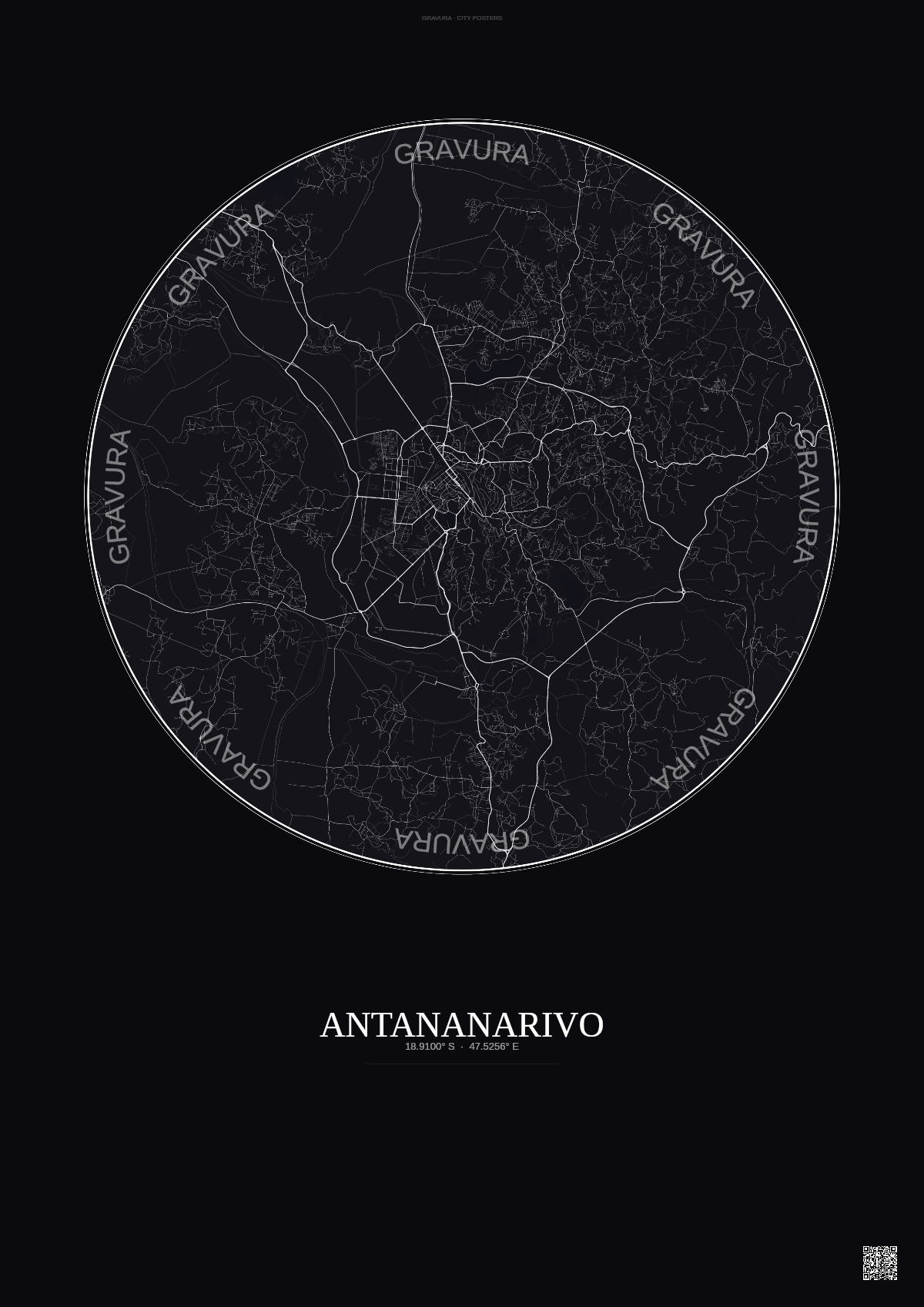 Affiche Antananarivo – Poster carte de ville | Gravura – Fond foncé